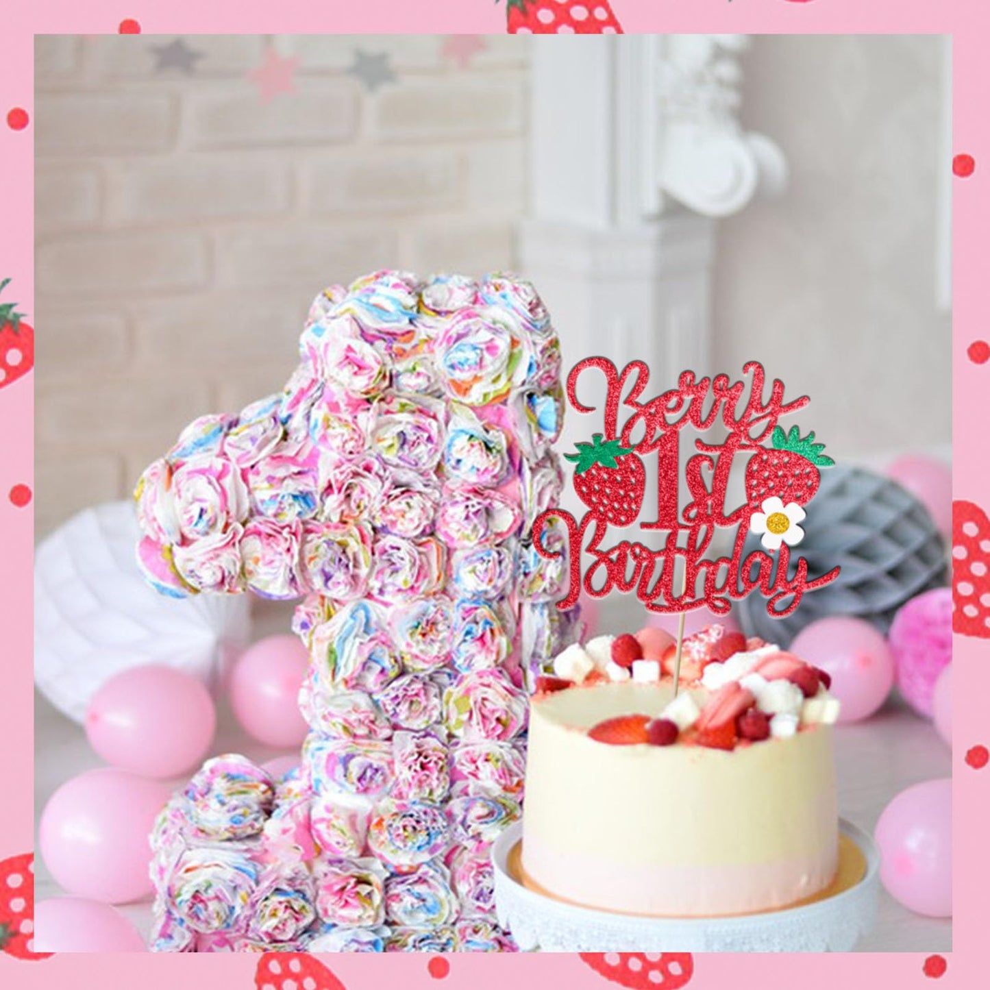 1pcs Berry 1st Birthday Cake Topper Flower Glitter Strawberry Theme 1st Birthday Cake Pick for Sweet Fruit Theme Baby Shower First Birthday Party Cake