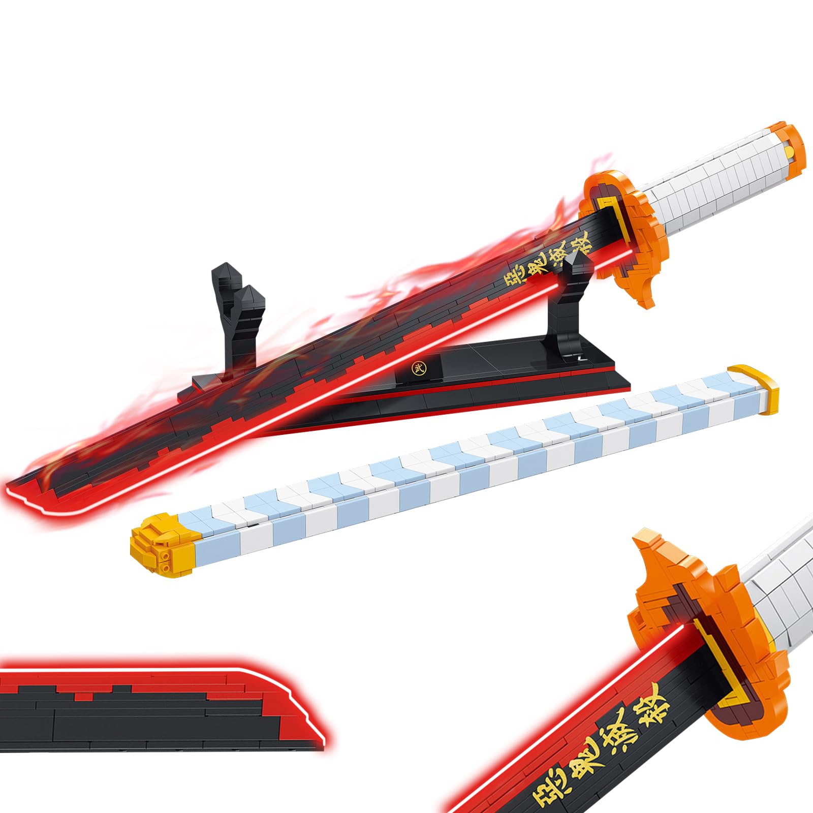 HIGH GODO Demon Anime Sword Building Set, 27in Rengoku Kyoujurou Sword Building Block with Scabbard and Stand, Cosplay Anime Sword Set for Adults