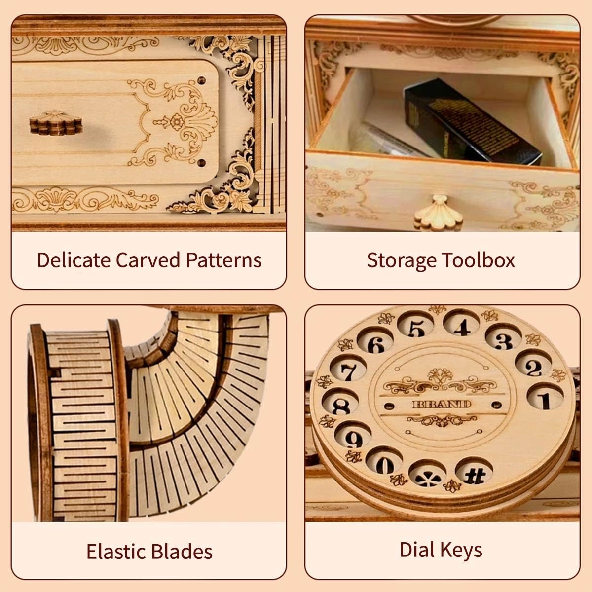 URFunModel 3D Wooden Puzzle for Adults, Retro Telephone Wooden Model Kit to Build, Steampunk Puzzle Desktop Phone Assembly Model DIY Craft Decor Gift