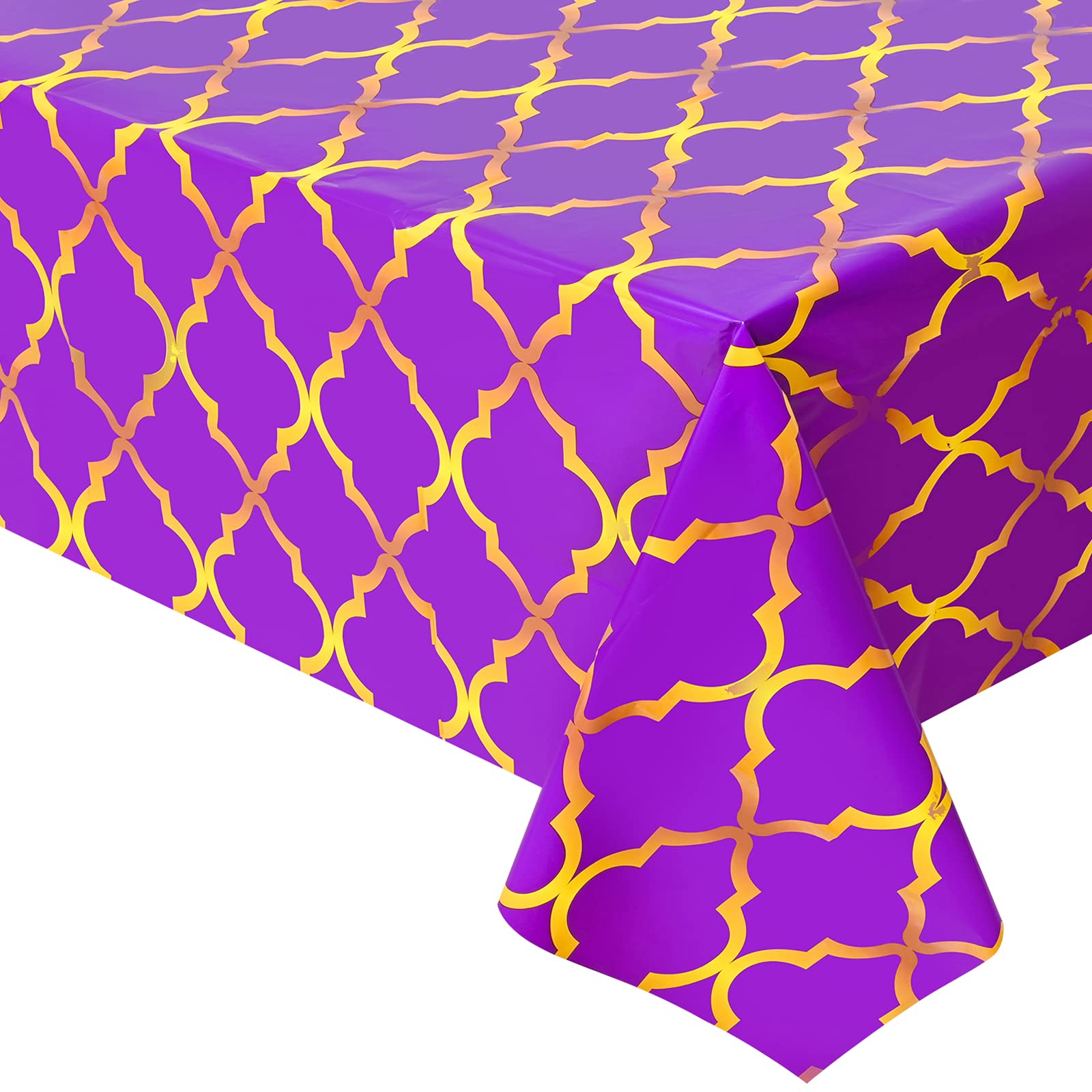 Lecpeting 2 Pcs Arabian Tablecloth Purple Gold Lattice Plastic Table Covers 87 x 51 Inches Arabian Nights Themed Party Decorations for Birthday Party