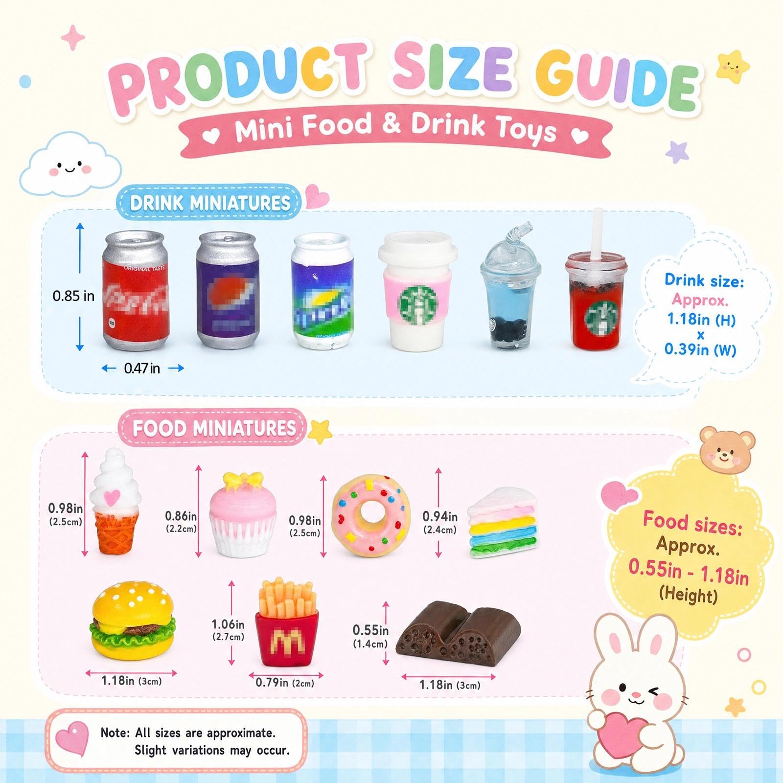 50 Pcs Miniature Food Drink Bottles Soda Pop Cans Pretend Play Kitchen Game Party Accessories Toys Hamburg Cake Ice Cream for 1/12 Doll House