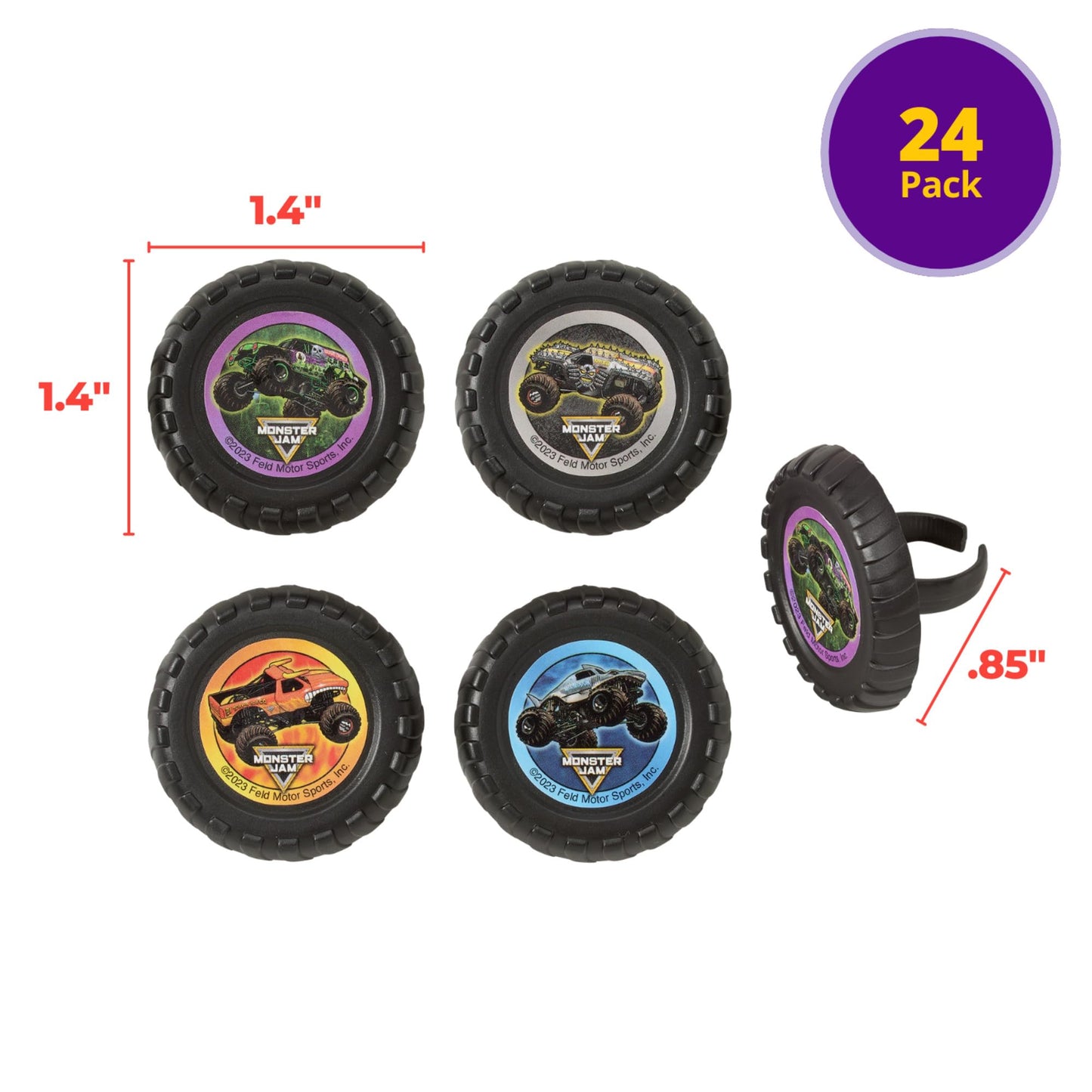 Monster Jam Rings, 24 Monster Truck Cupcake Toppers, Bright Colorful Truck Tire Cupcake Decorations, Food Safe - 24 Pack