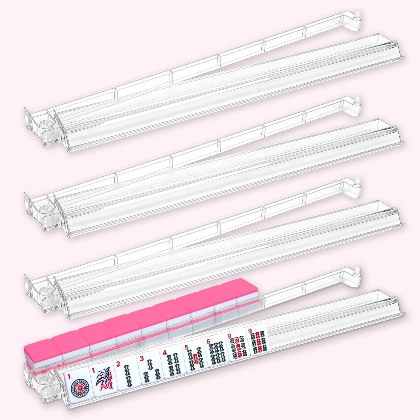 Xynzzeu Mahjong Racks with Pushers, 4 Pcs Clear Acrylic Mahjong Tile Racks with Pushers, 18.5 Inch American Mahjong Compatible, Non-Slip Smooth Push