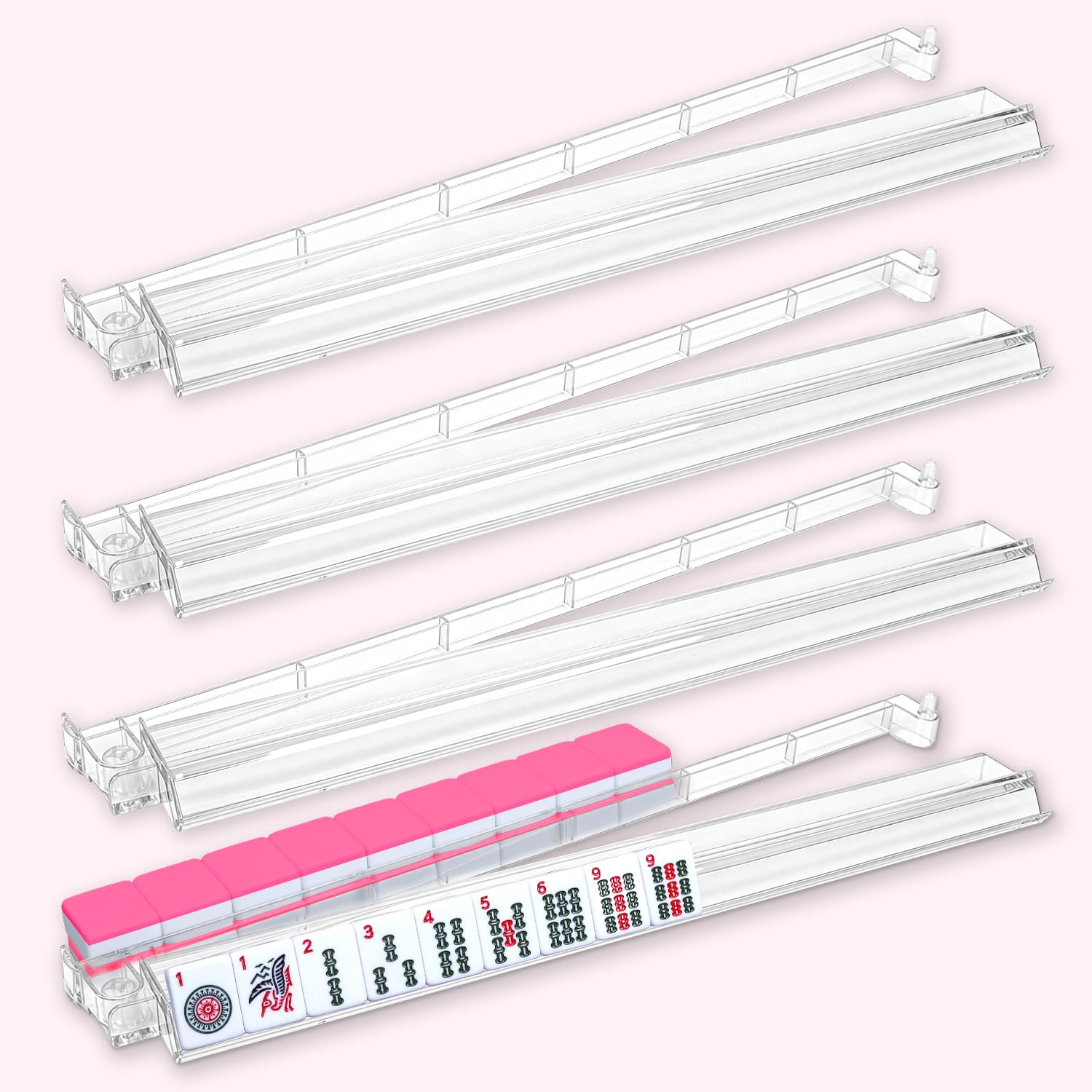 Xynzzeu Mahjong Racks with Pushers, 4 Pcs Clear Acrylic Mahjong Tile Racks with Pushers, 18.5 Inch American Mahjong Compatible, Non-Slip Smooth Push