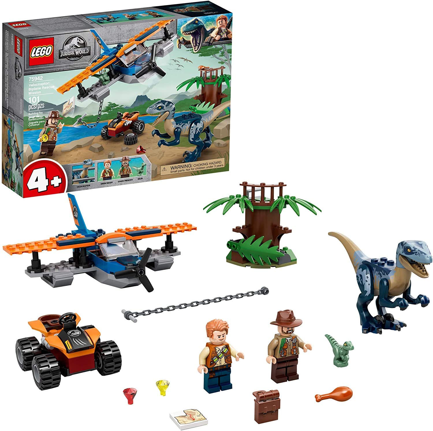 LEGO Jurassic World Velociraptor: Biplane Rescue Mission 75942, Dinosaur Toy for Preschool Kids, Featuring a Buildable Plane Toy, Posable