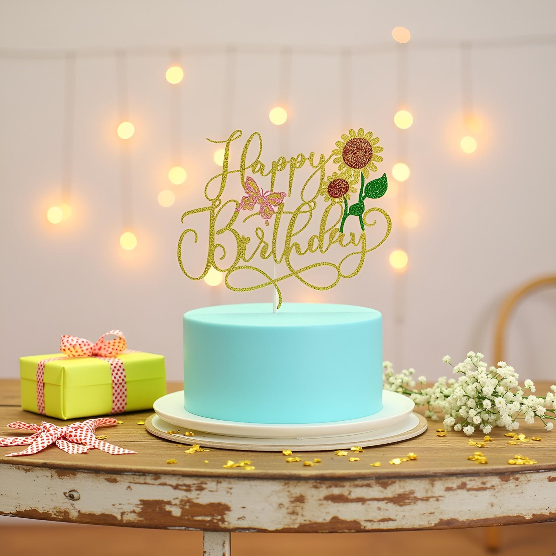 Sleyberoy Gold Glitter Sunflower Happy Birthday Cake Topper