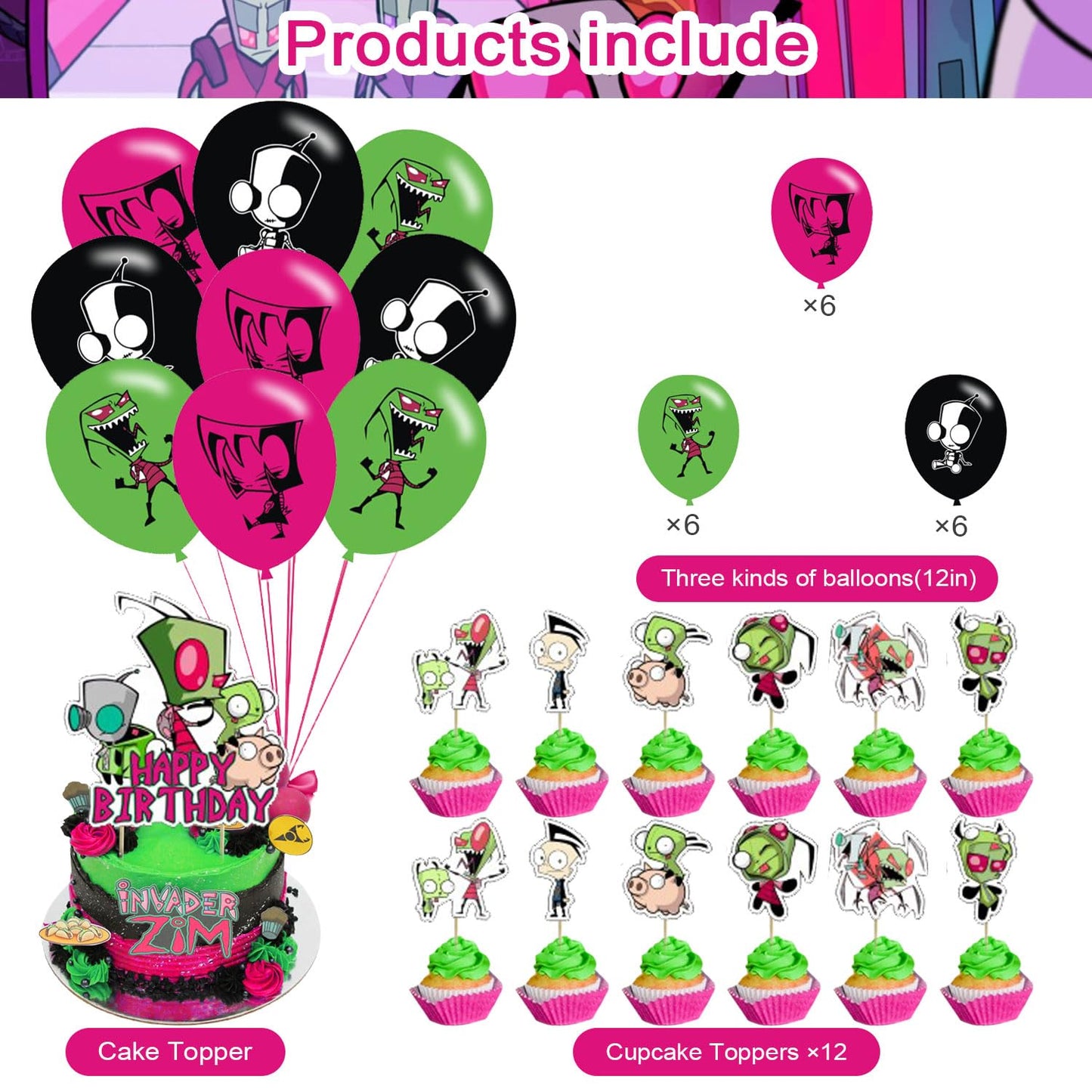 Invader Zim Party Decorations,Invader Zim Birthday Party Supplies Includes Banner - Cake Topper - 24 Cupcake Toppers - 18 Balloons