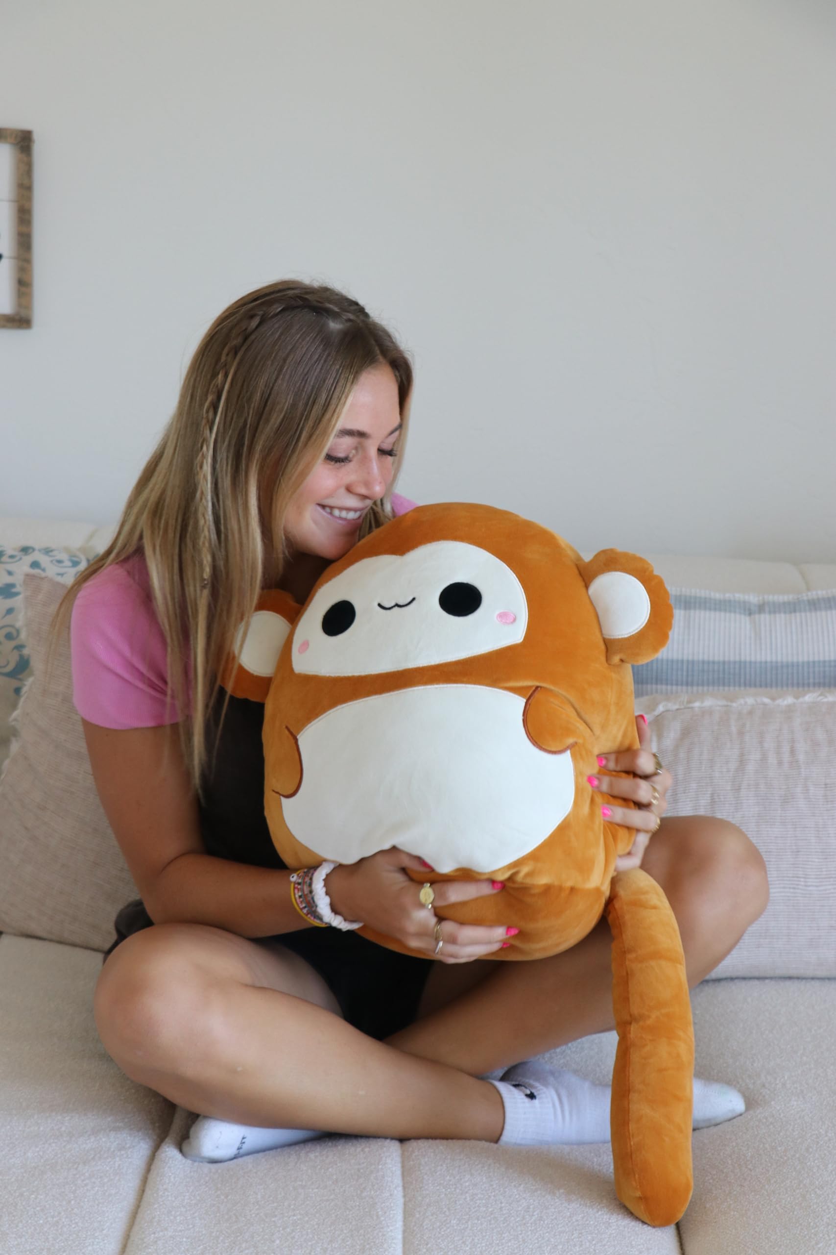 Snuggaboos Jumbo 17 Inch Mia The Monkey Plush Squish Pillow Original: Super Soft Cute Stuffed Animal Toy with Extra Long Tail - Perfect Plushie Gift