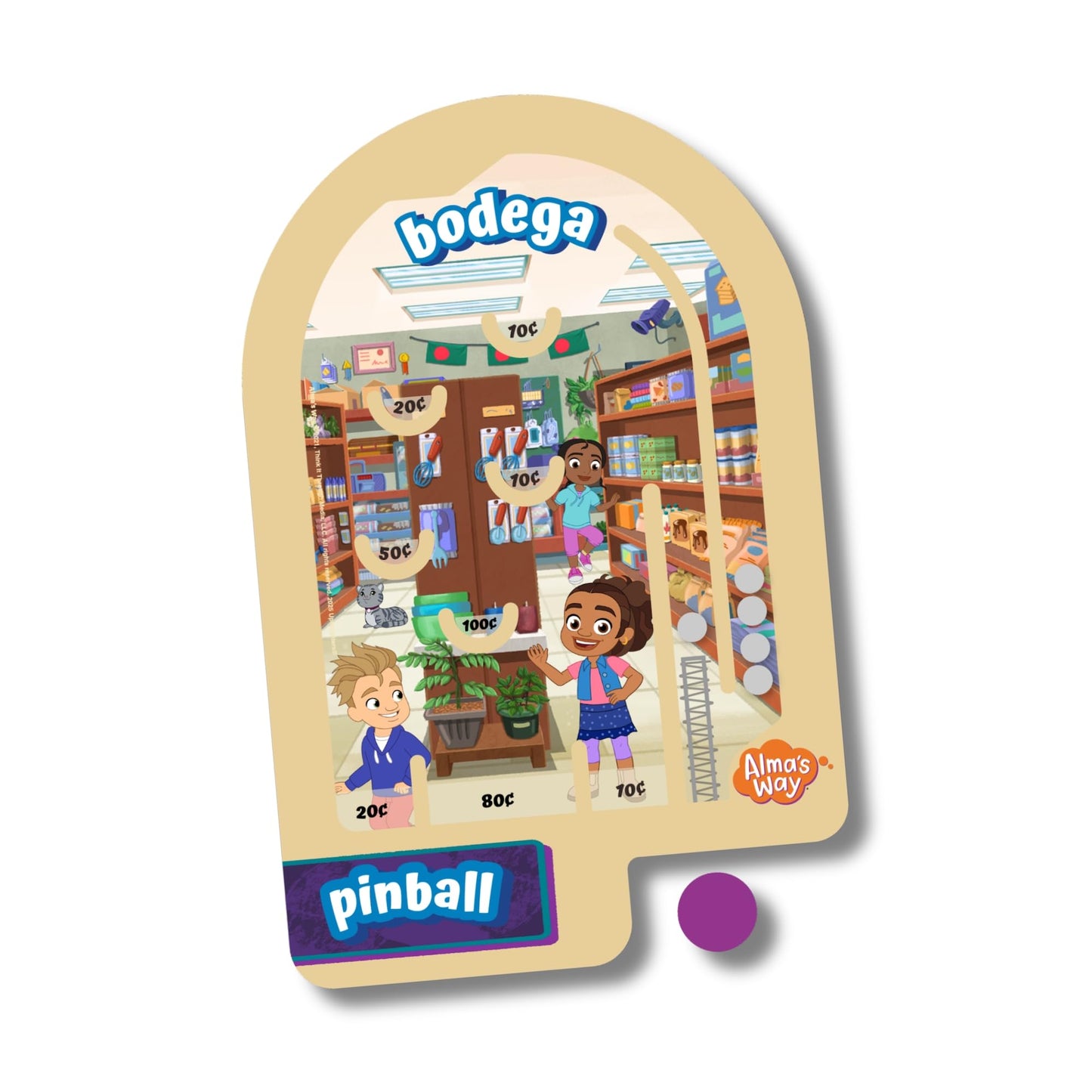 Upbounders® Alma’s Way™ Bodega Wooden Pinball - Pocket-Size Wooden Travel Pinball Toy for Kids 3+ - Neighborhood Shop Pretend Play