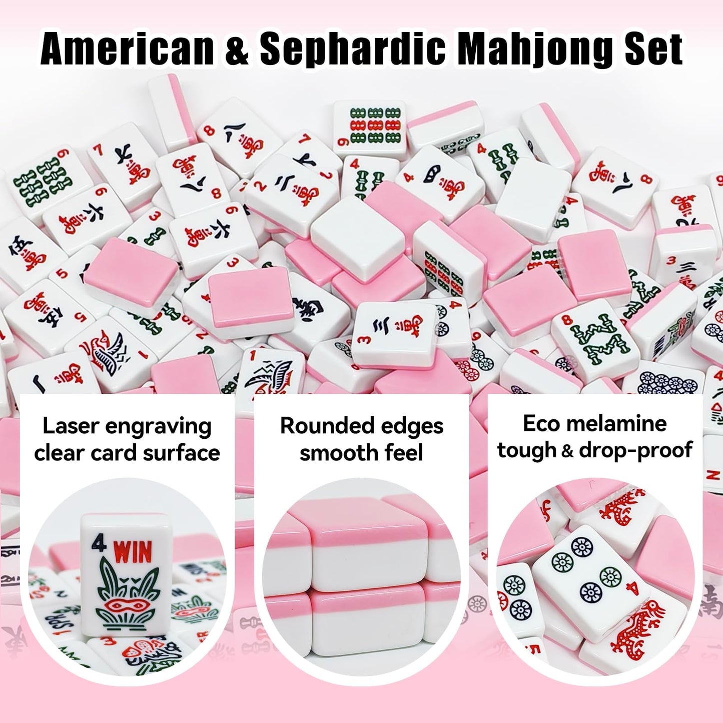 YAQUHO American Mahjong Tiles Set, 166 Pink Mahjong Tiles 1.2 Inch with Carrying Bag and 3 Dice, Portable American Mahjong Game for Travel, Family