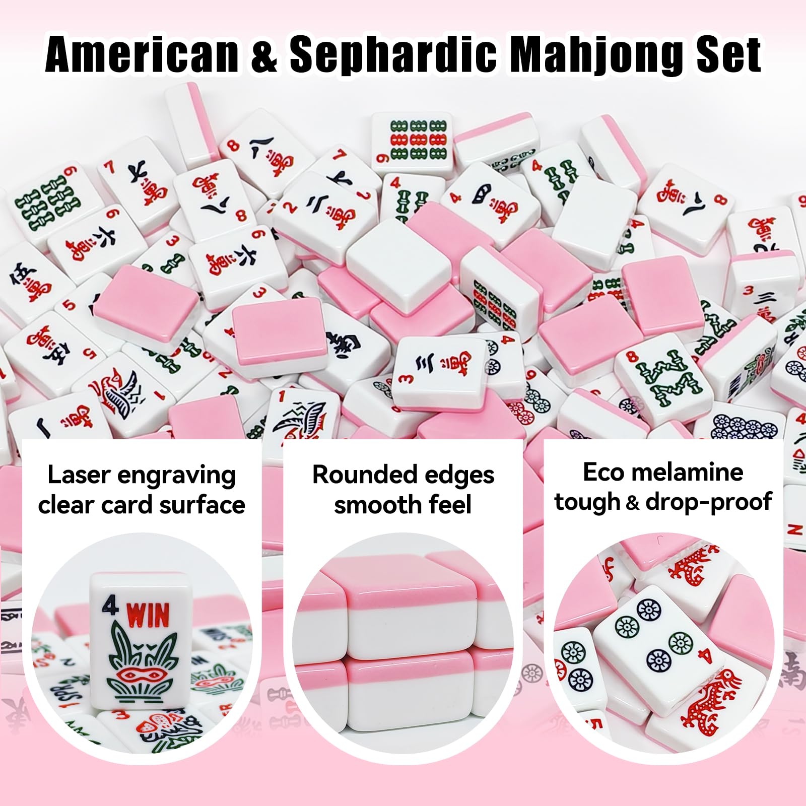 YAQUHO American Mahjong Tiles Set, 166 Pink Mahjong Tiles 1.2 Inch with Carrying Bag and 3 Dice, Portable American Mahjong Game for Travel, Family