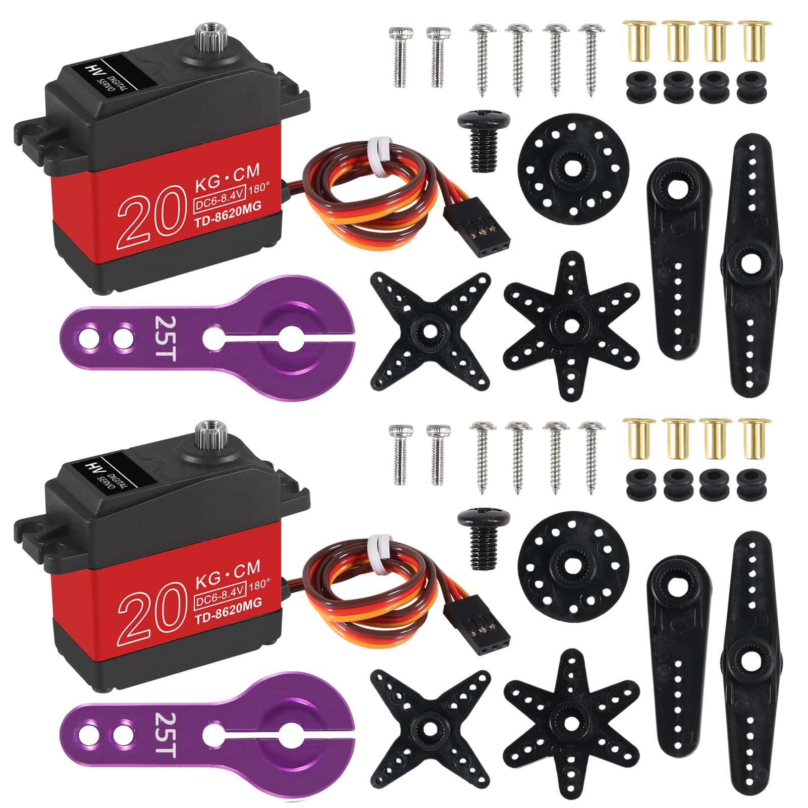 DWEII 2PACK 20KG RC Servo High Torque Servo Motors,Waterproof Metal Gear Steering Servo for 1/8 1/10 RC Car Robot DIY, Digital Servo with 25T Servo
