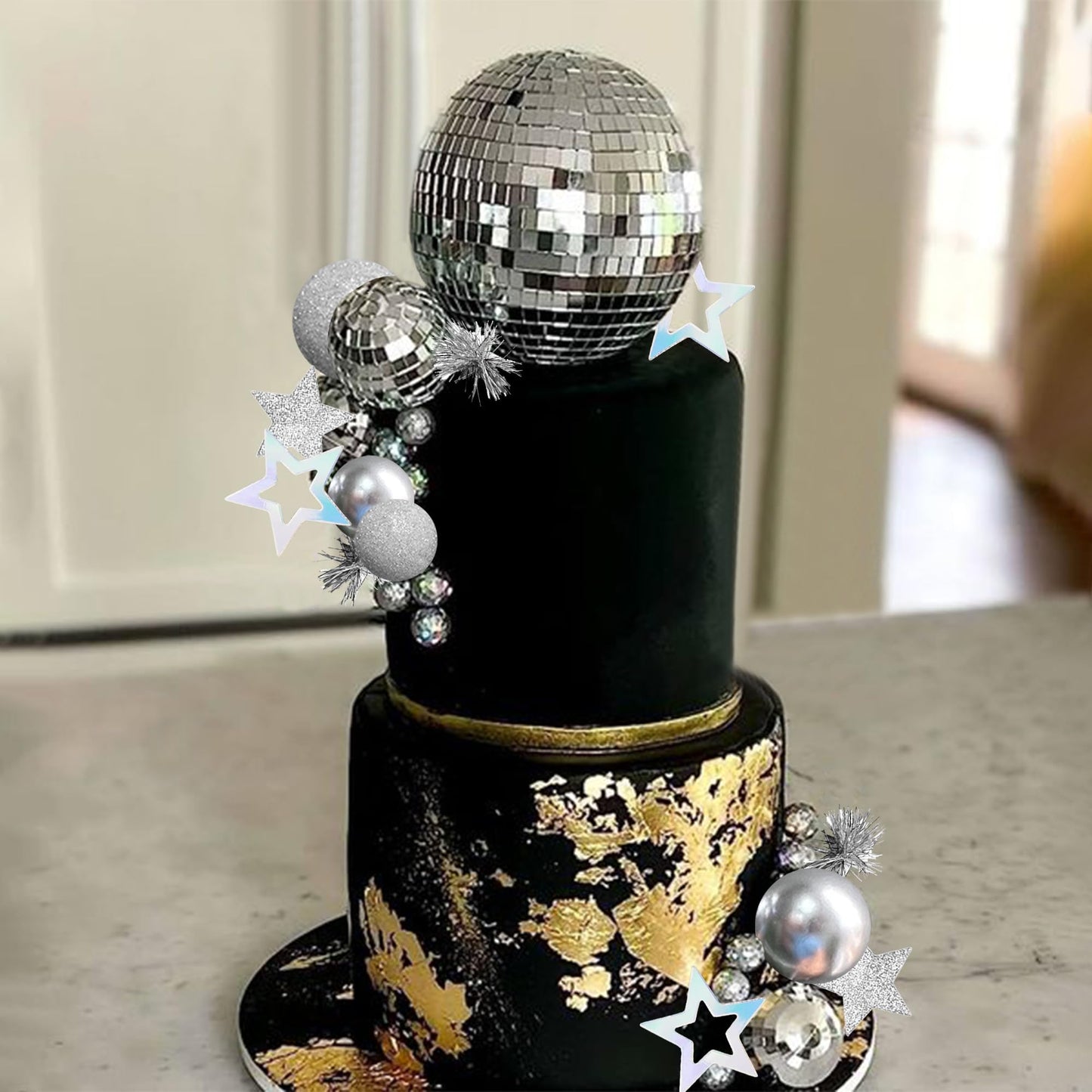 Disco Ball Cake Topper Mirror Balls Cake Decorations with Silver Stars Cake Topper for 70s 80s Disco Dance Saturday Night Fever Birthday Supplies