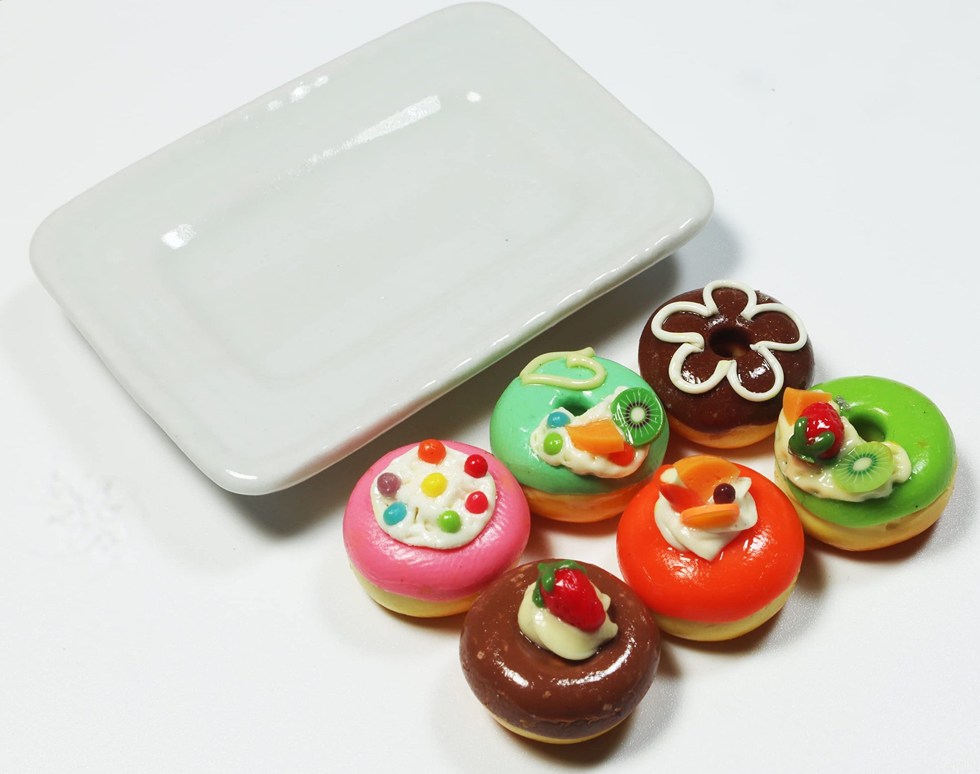6 Pcs Miniature Donut Set - Handmade Clay Donuts on Ceramic Plate (0.6 Inch Each, Plate 2 x 1.5 Inch), 1/6 Scale Dollhouse Food Accessories