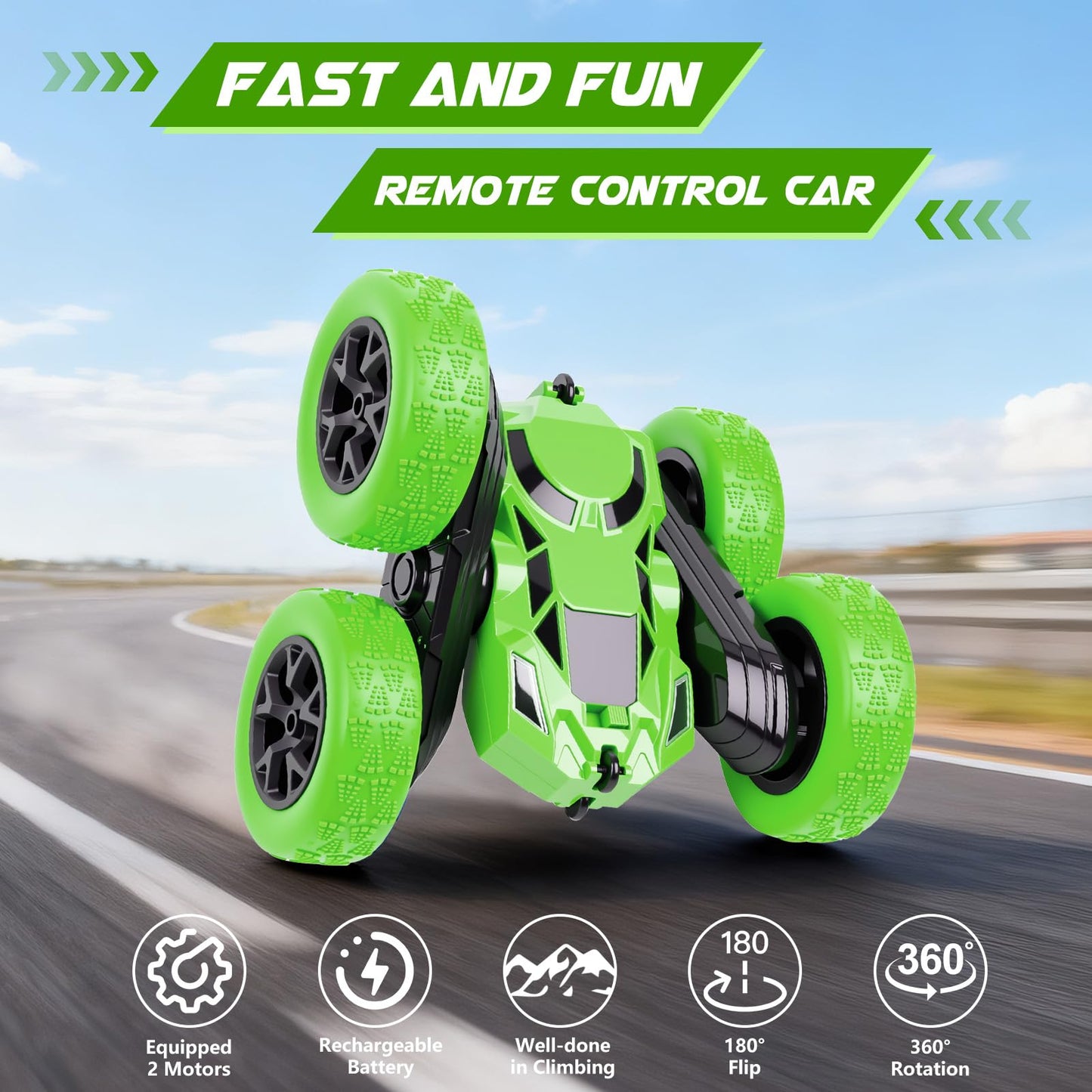 Remote Control Car, RC Cars Toys for Kids Ages 6-12, 2.4GHz RC Stunt Truck with 360° Double-Sided Flips, 4WD Off-Road Racing, Christmas Birthday Gifts