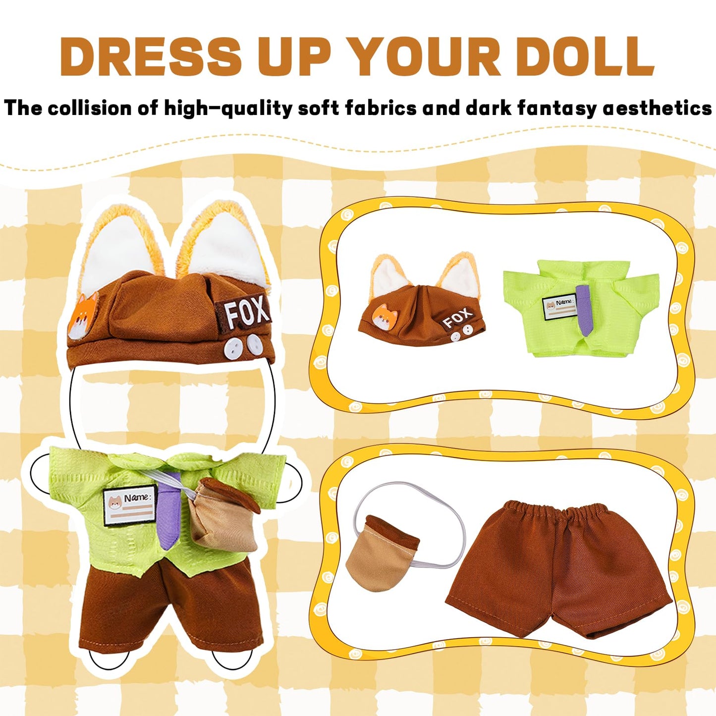 3PCS Fox Character Doll Costume Set Green Shirt and Tie Outfit for 15-17cm 4 Inch Blind Box Animal Dolls