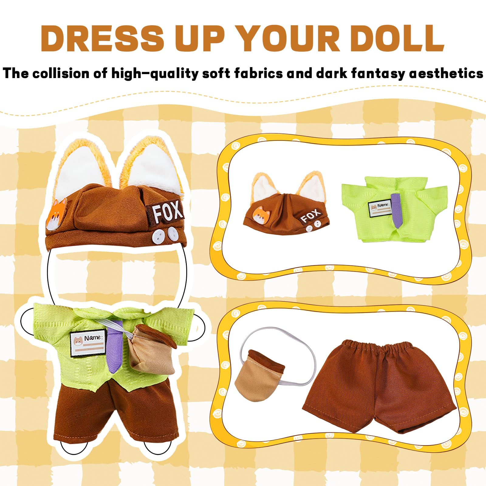 3PCS Fox Character Doll Costume Set Green Shirt and Tie Outfit for 15-17cm 4 Inch Blind Box Animal Dolls