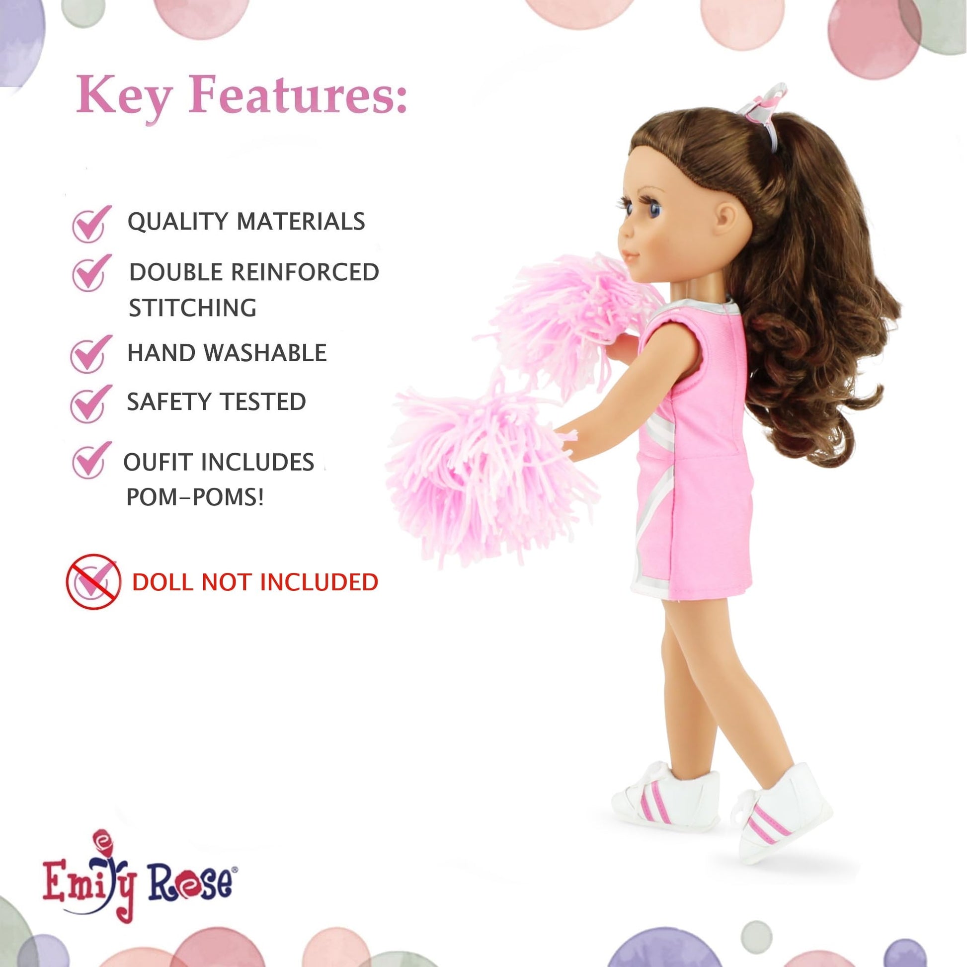 Emily Rose 14 Inch Fashion Doll Clothes 5-PC Pink Cheer Cheerleader Outfit, Includes Pom-poms, Bloomers, Hair Tie and Shoes | Halloween Costume