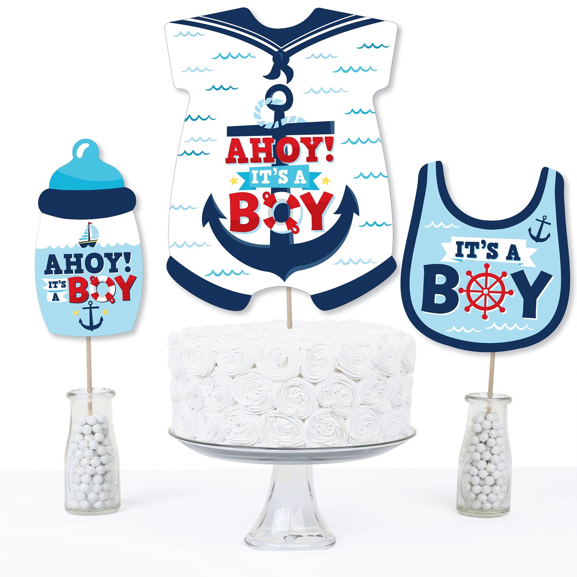 Big Dot of Happiness Ahoy It’s a Boy - Nautical Baby Shower Centerpiece Sticks - Table Toppers - Set of 15