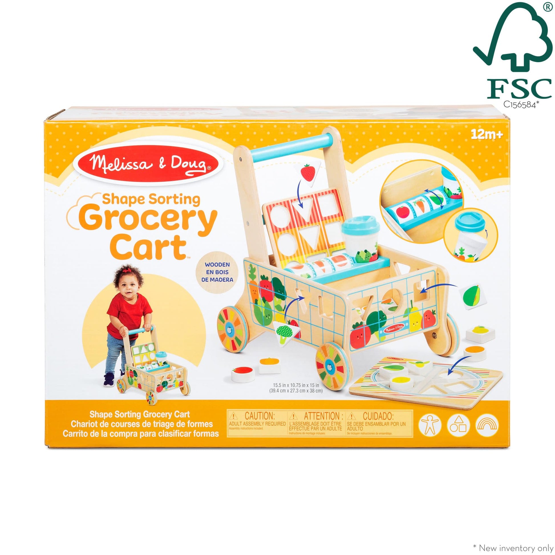 Melissa & Doug Wooden Shape Sorting Grocery Cart - Toddler Toys with 12 Blocks, Puzzle Board and Coffee Cup for Pretend Play and Montessori Toys - FSC