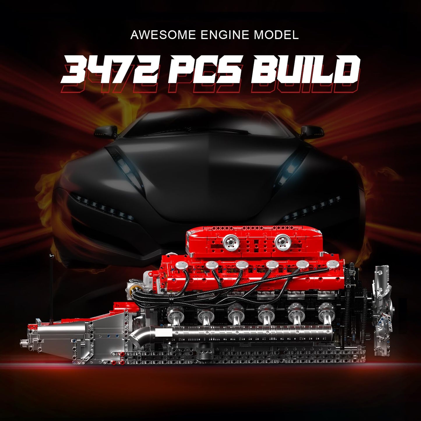 Mould King V12 Engine Model Kit that Runs - Motorized Mini Engines Building Blocks Set with Battery & Gearshift, Car Construction STEM Toy for Adults