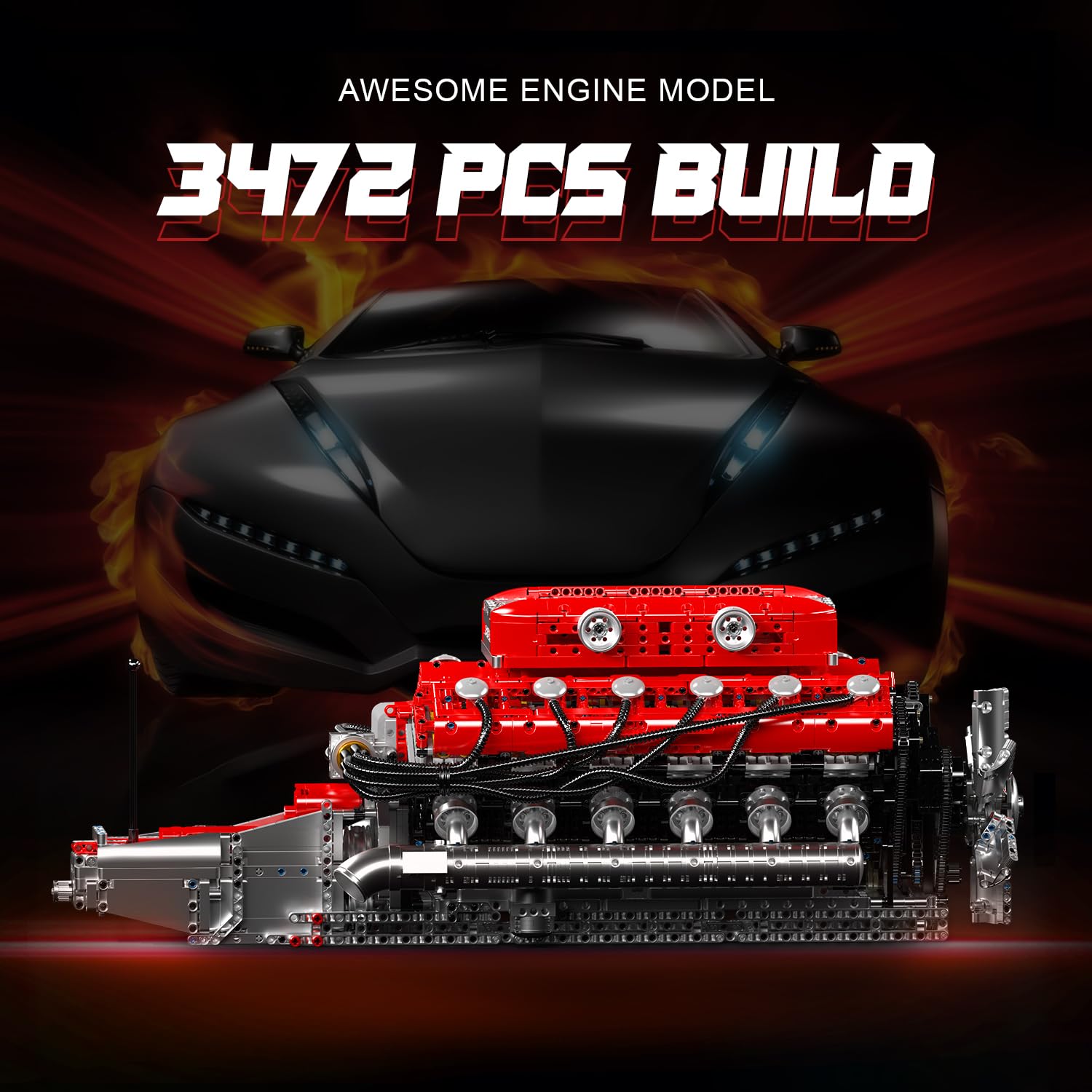 Mould King V12 Engine Model Kit that Runs - Motorized Mini Engines Building Blocks Set with Battery & Gearshift, Car Construction STEM Toy for Adults
