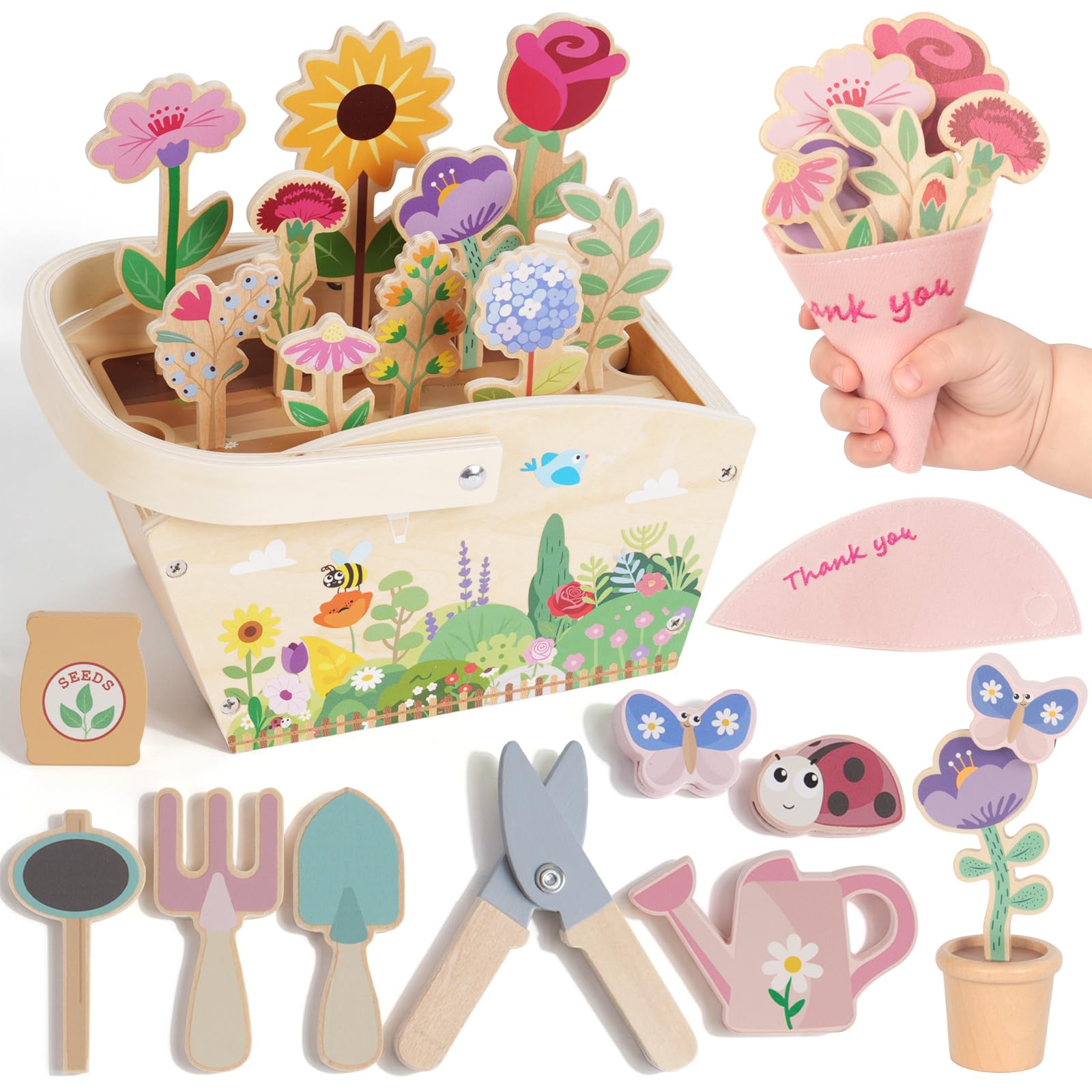 WOODENFUN Wooden Pretend Play Toys for Kids, 22Pcs Flower Garden Playset
