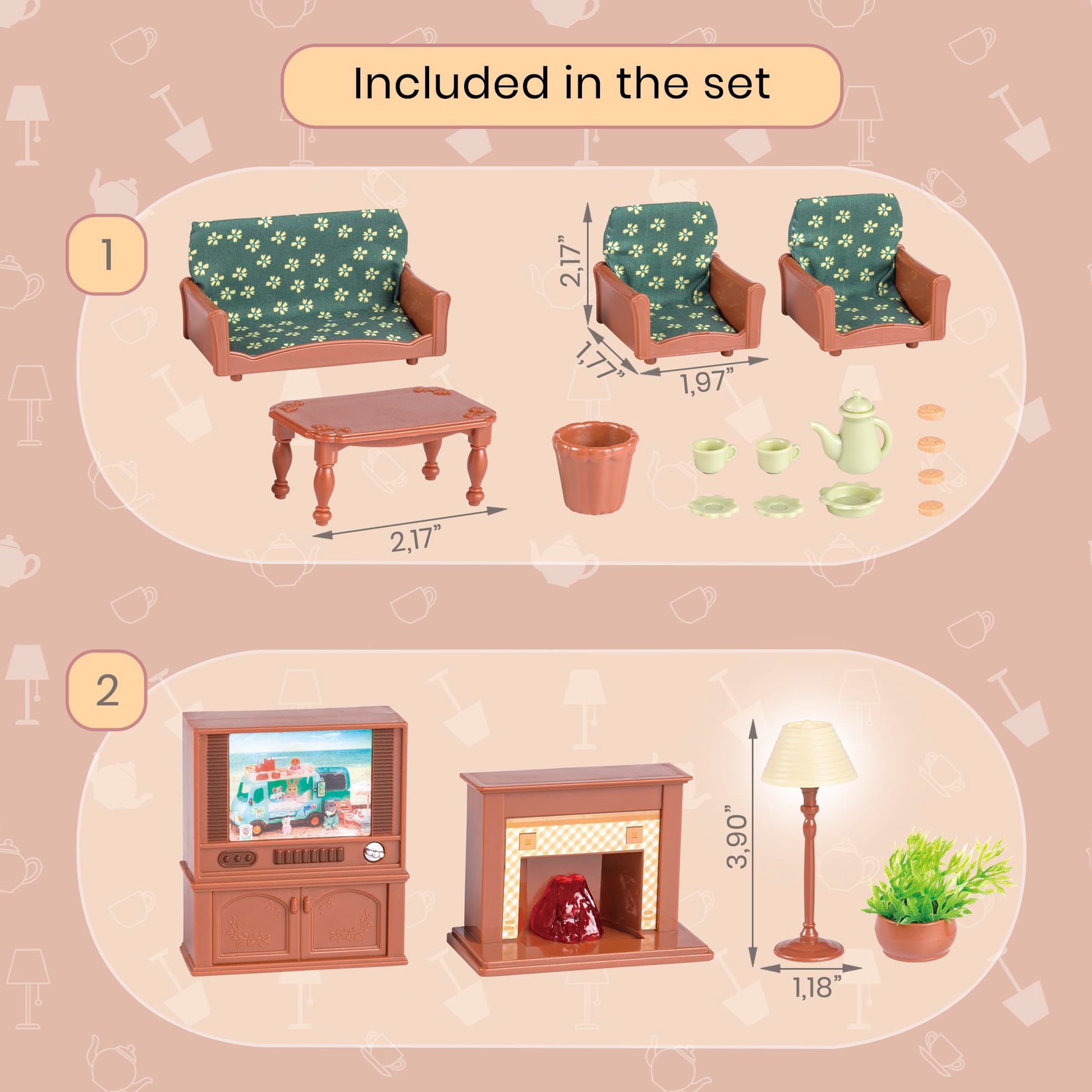 OLEOCA Family Deluxe Dollhouse Living Room Set - Sofa & Two Armchairs, Coffee Table, TV Stand, Fireplace, Floor Lamp, Plant & Tea Set - Dollhouse