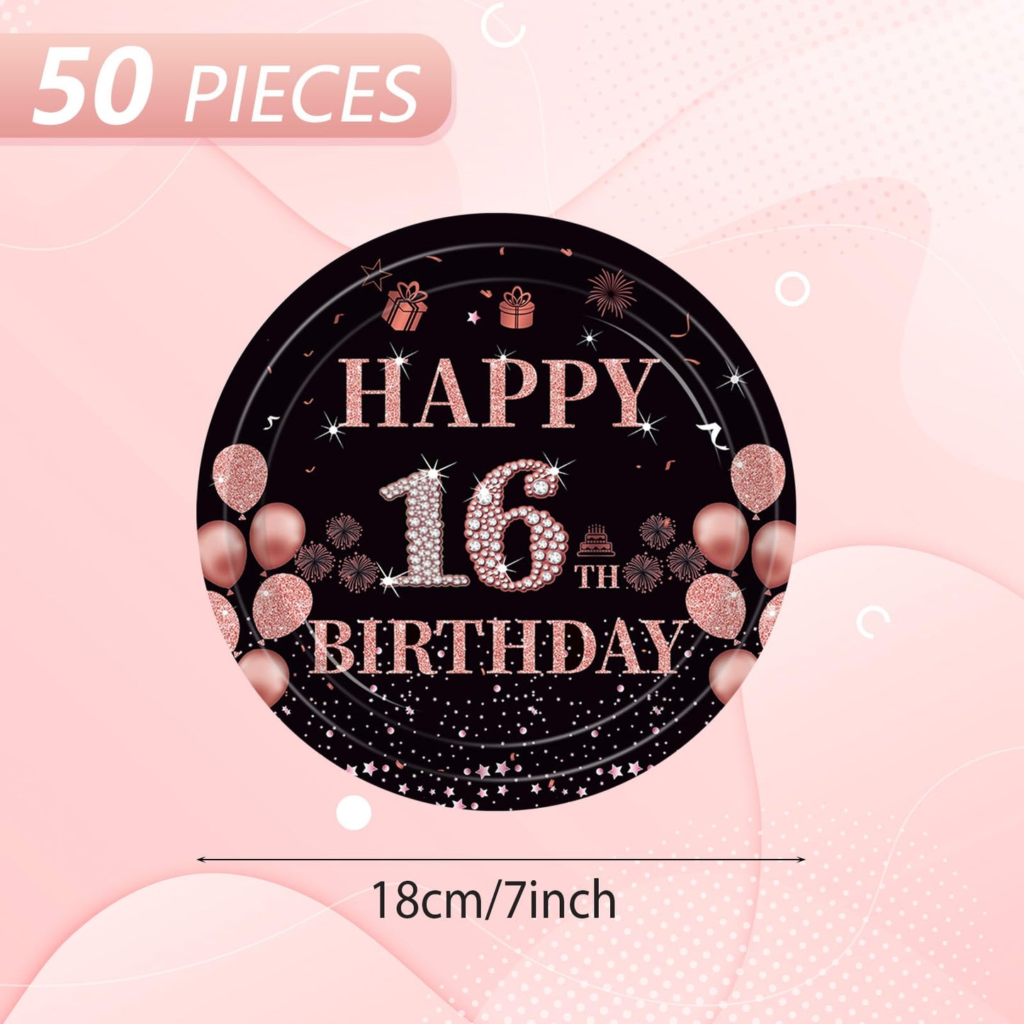 Fitoyplak 50Pcs Sweet 16 Party Decorations,7Inch 16th Birthday Plates,Sweet Sixteen Party Tableware Set Black Rose Gold Sweet 16 Plates?16th Birthday