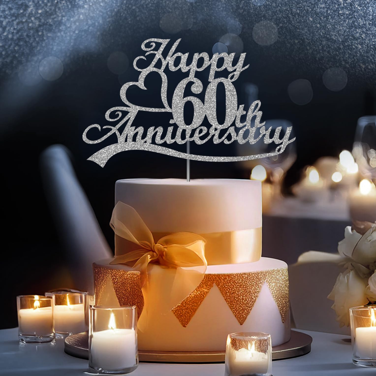 Happy 60 Anniversary Cake Topper Silver Glitter, Wedding Anniversary Party Decoration Ideas, Premium Quality, Sturdy Doubled Sided Glitter, Acrylic