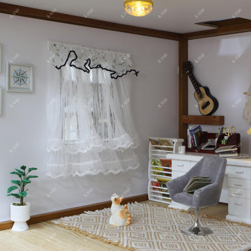 iLAND 1/12 Scale Accessories Miniature Dollhouse Curtains Delicate White Sheer Lace Curtains with Blue Trim 2PCS for Dollhouse Windows Furniture Cute