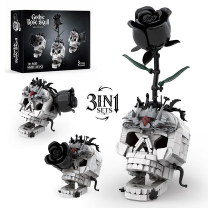 JYLWSMHU 3 in 1 Gothic Skull with Black Rose Building Block Set 698 Pcs Botanical Model Kit for Adults & Teens Dark Aesthetic Skeleton Construction