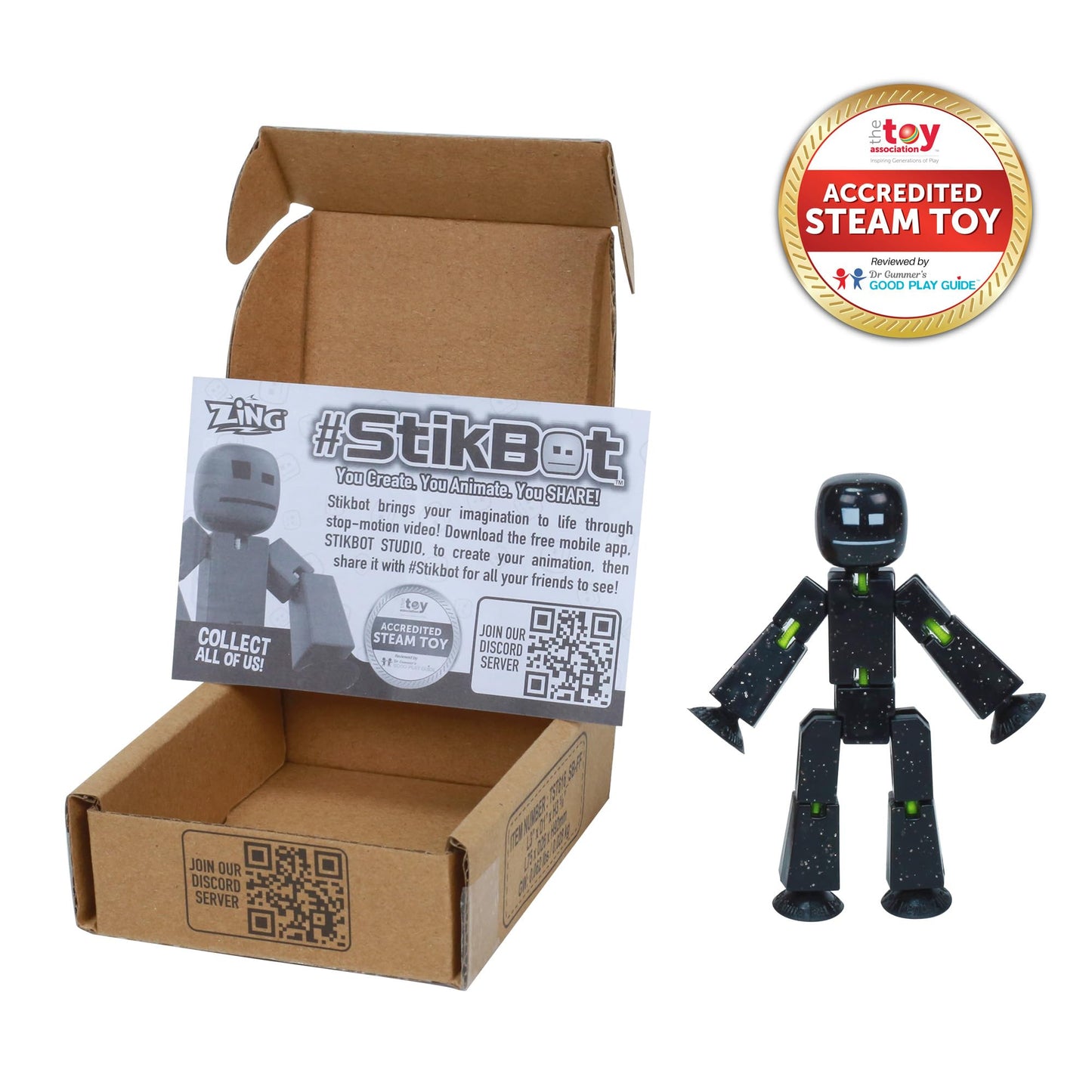 Zing StikBot Single Pack - Includes 1 StikBot - Collectible Action Figures and Accessories, Stop Motion Animation, Ages 4 and Up (Solid Black Sparkle)