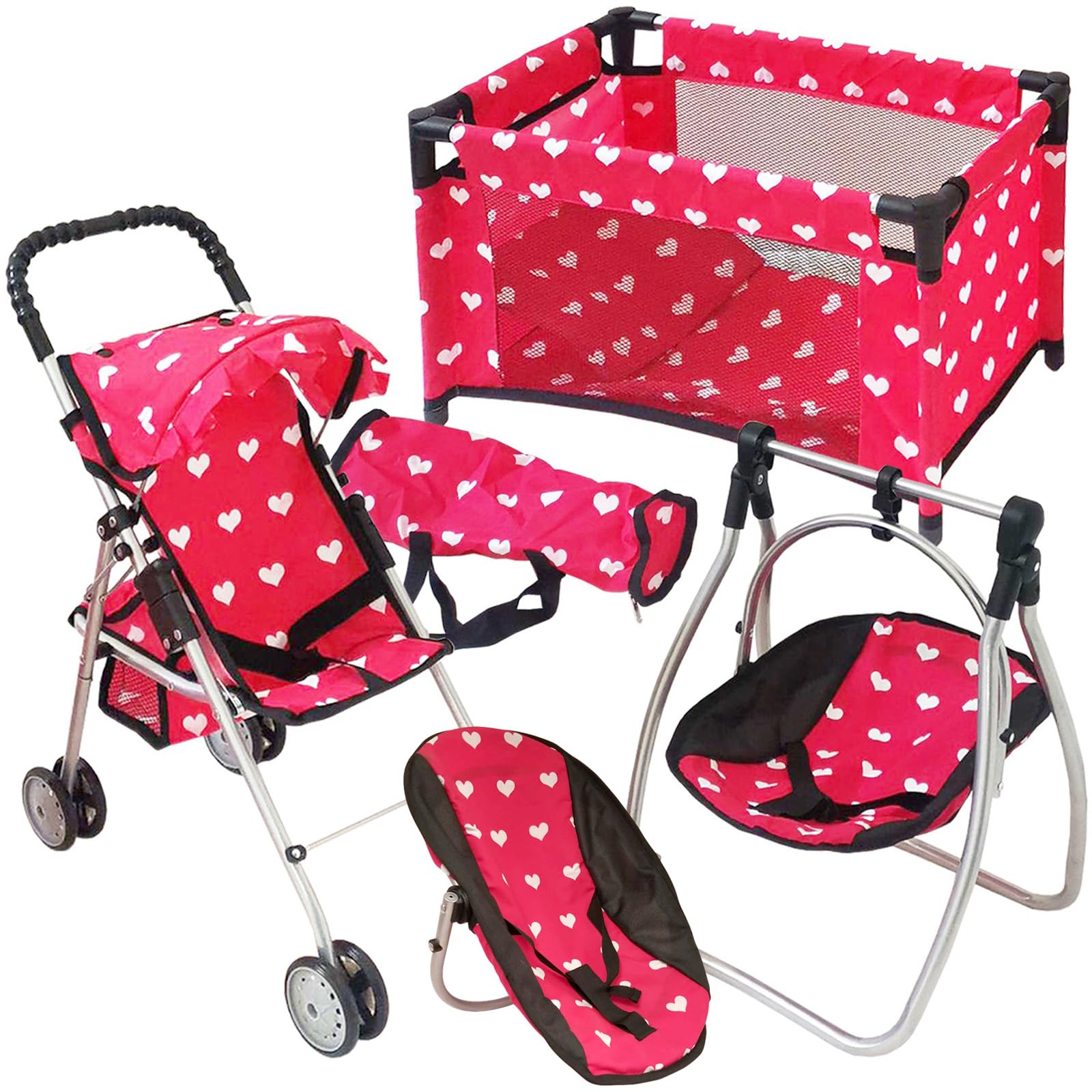 Deluxe Baby Doll Stroller with Crib Furniture Playset, Multi Baby Doll Accessories Set for 18" Dolls, Includes Doll Stroller Swing and Doll Bed