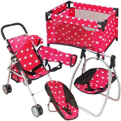 Deluxe Baby Doll Stroller with Crib Furniture Playset, Multi Baby Doll Accessories Set for 18" Dolls, Includes Doll Stroller Swing and Doll Bed