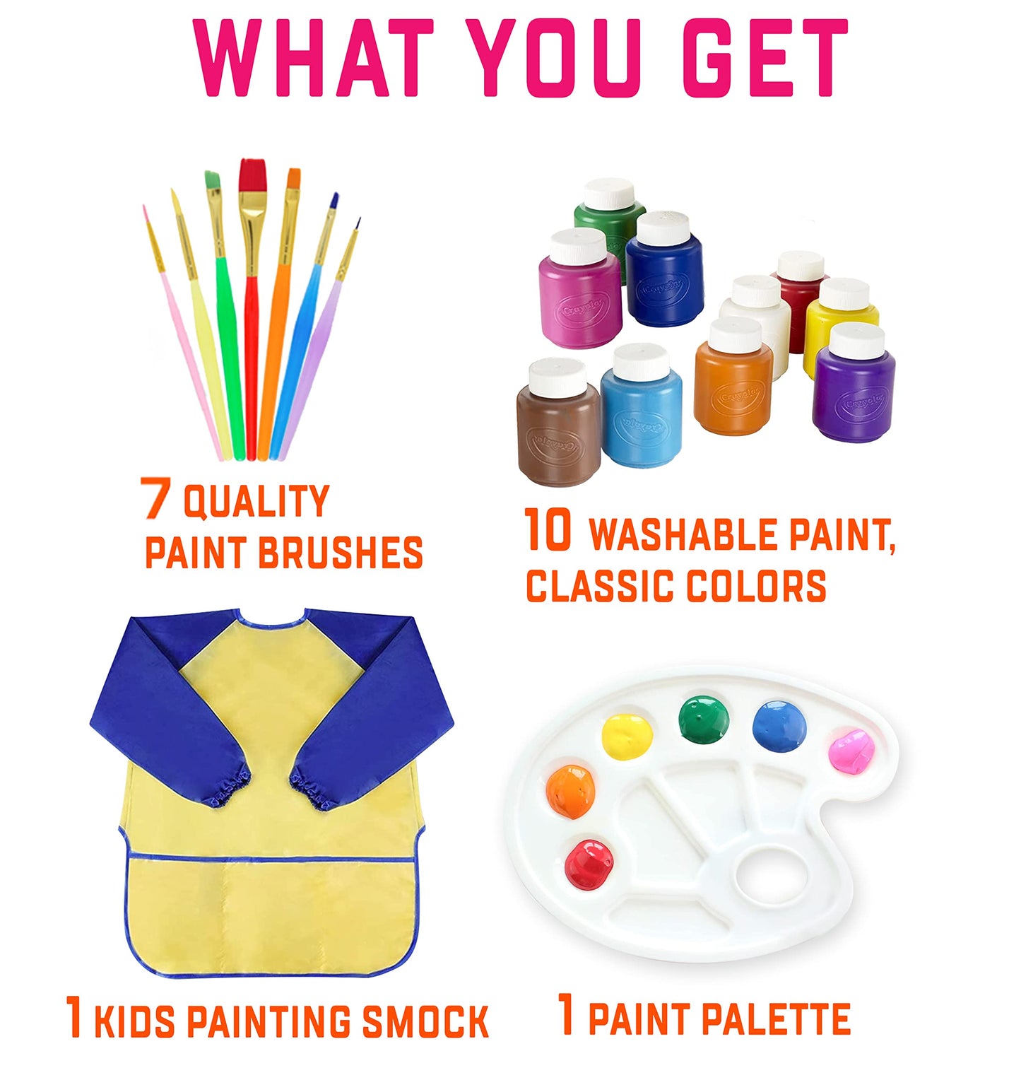 Kids Painting Set, Washable Paint for Kids 10 Colors, 7 Paintbrushes, Paint Palette, Painting Smock, Non Toxic Tempera Paints 2 oz Each,Paints