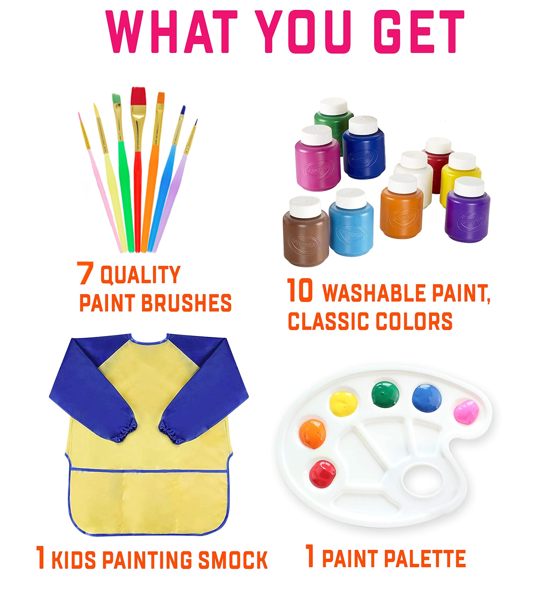 Kids Painting Set, Washable Paint for Kids 10 Colors, 7 Paintbrushes, Paint Palette, Painting Smock, Non Toxic Tempera Paints 2 oz Each,Paints