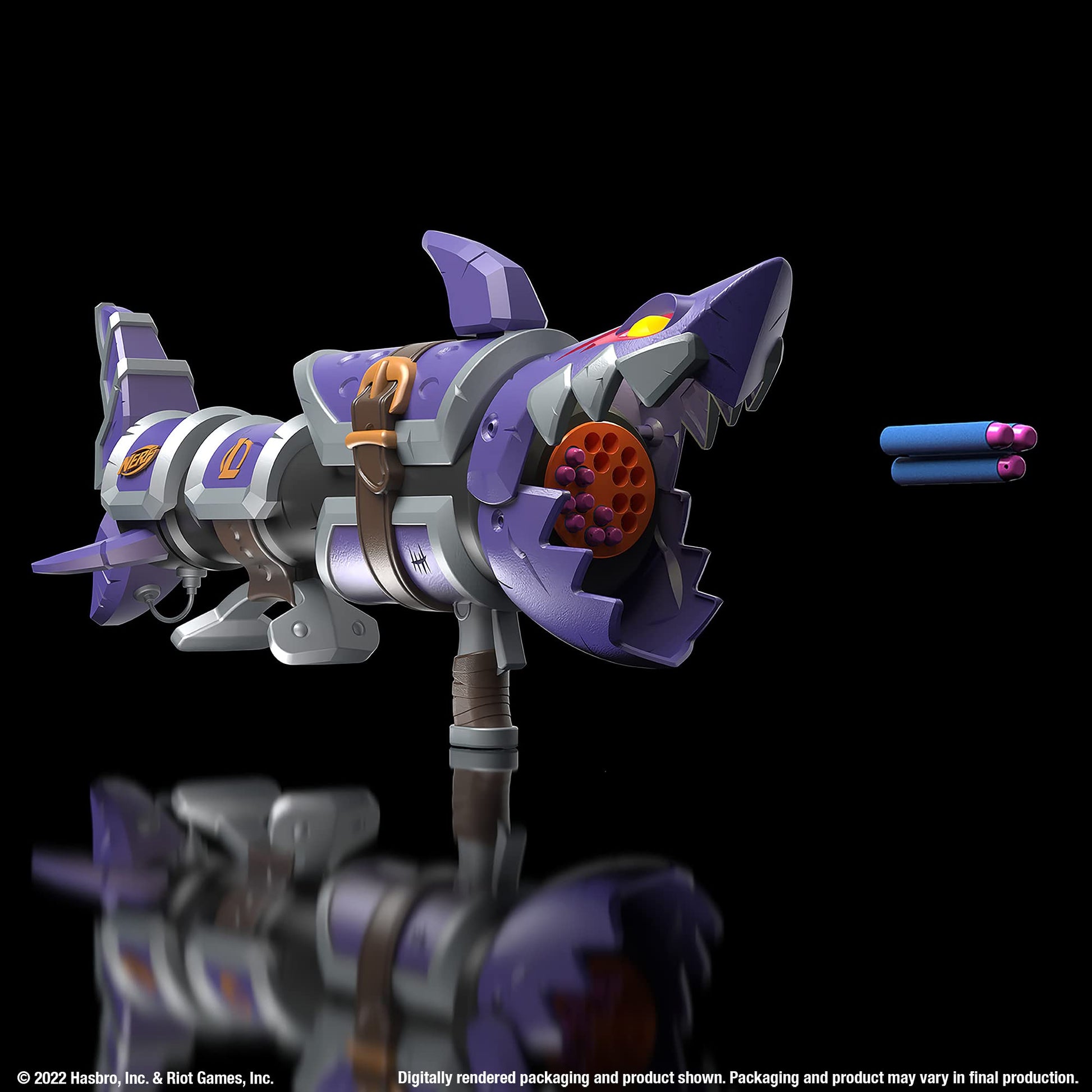 ????(HASBRO) Nerf Limited League of Legends Zinc Fishbone Blaster, Drum Loading 18 Darts, 18 Nerf Elite Darts, Launches 3 Darts, Includes Display