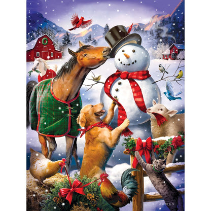 Bits and Pieces - 500 Piece Jigsaw Puzzle for Adults - Christmas Barn Snowman - Animal Winter Scene Jigsaw Puzzle by Artist Larry Jones, Completed
