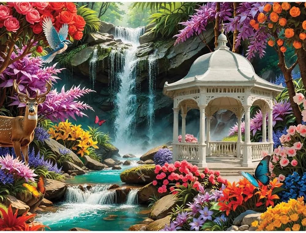 Bits and Pieces 3 Jigsaw Puzzle Set - 300 Piece Puzzles for Adults - Fantasy Landscapes - 18" x 24" Jigsaw Puzzles - Sunset Lighthouse Waterfall