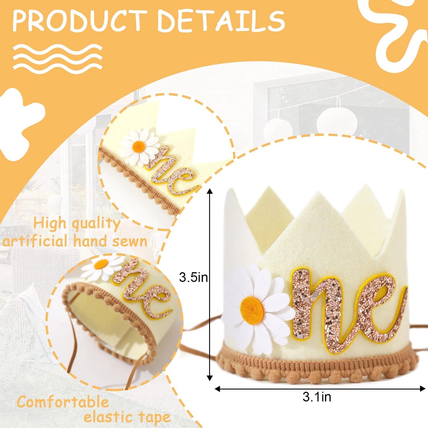 Agkvw Daisy 1st Birthday Crown - Groovy Hippie Style Costume Headwear, Felt Cloth, Handmade, Reusable, Velcro and Elastic Bands, Cream Brown