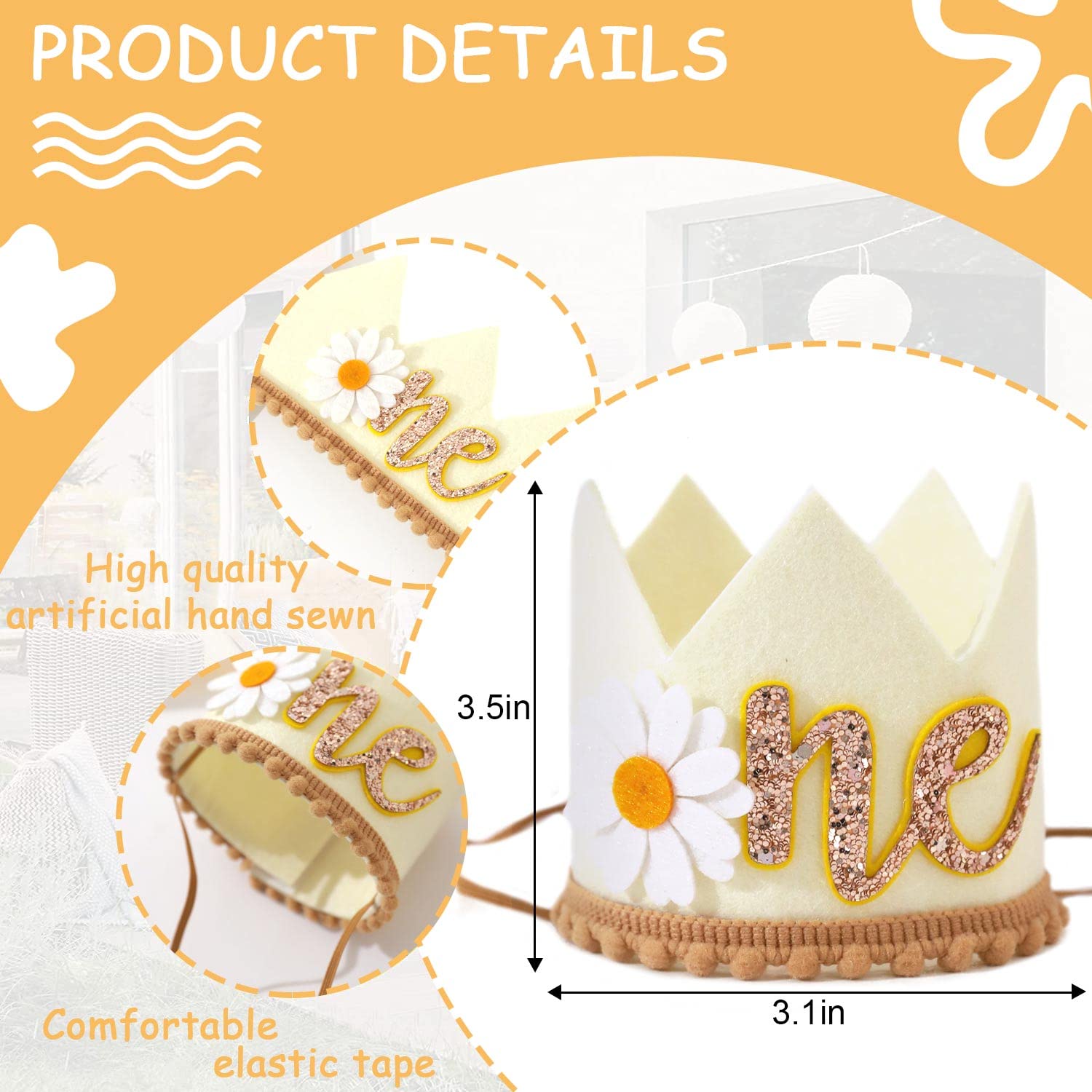 Agkvw Daisy 1st Birthday Crown - Groovy Hippie Style Costume Headwear, Felt Cloth, Handmade, Reusable, Velcro and Elastic Bands, Cream Brown