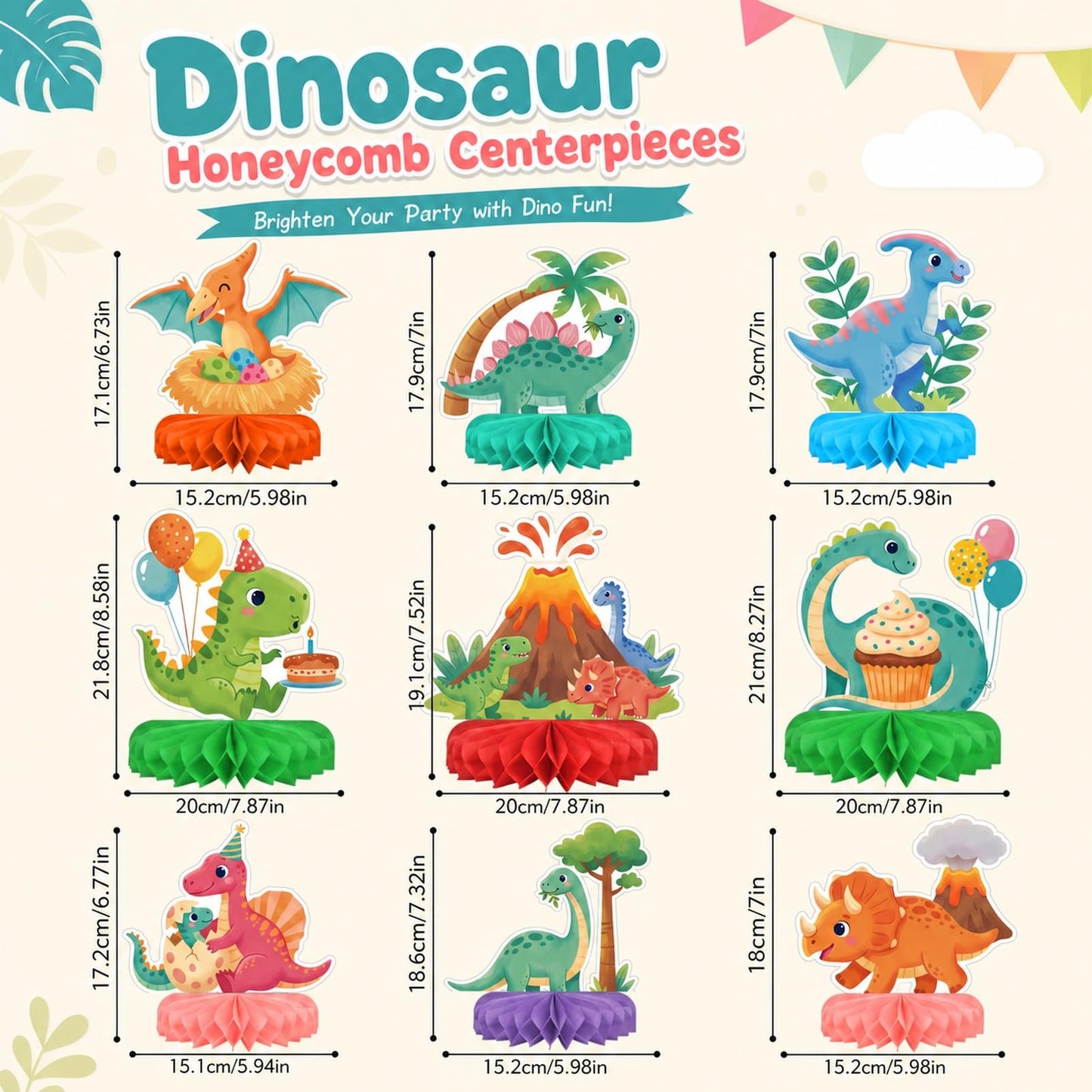 9 PCS Dinosaur Birthday Party Decorations Set with 3D Honeycomb Centerpiece and Balloons, Prehistoric Themed Table Decor for Adults, Dino Party