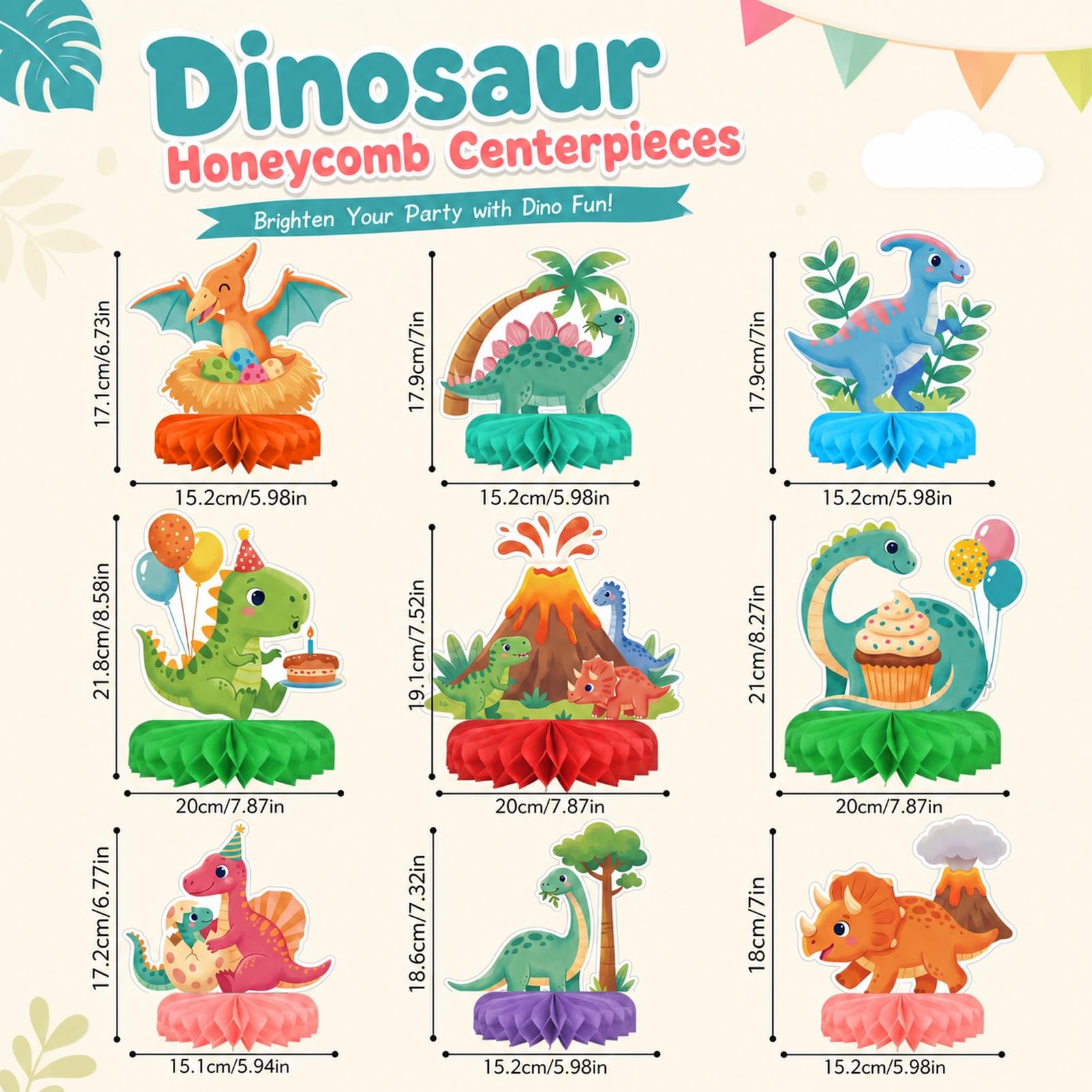 9 PCS Dinosaur Birthday Party Decorations Set with 3D Honeycomb Centerpiece and Balloons, Prehistoric Themed Table Decor for Adults, Dino Party
