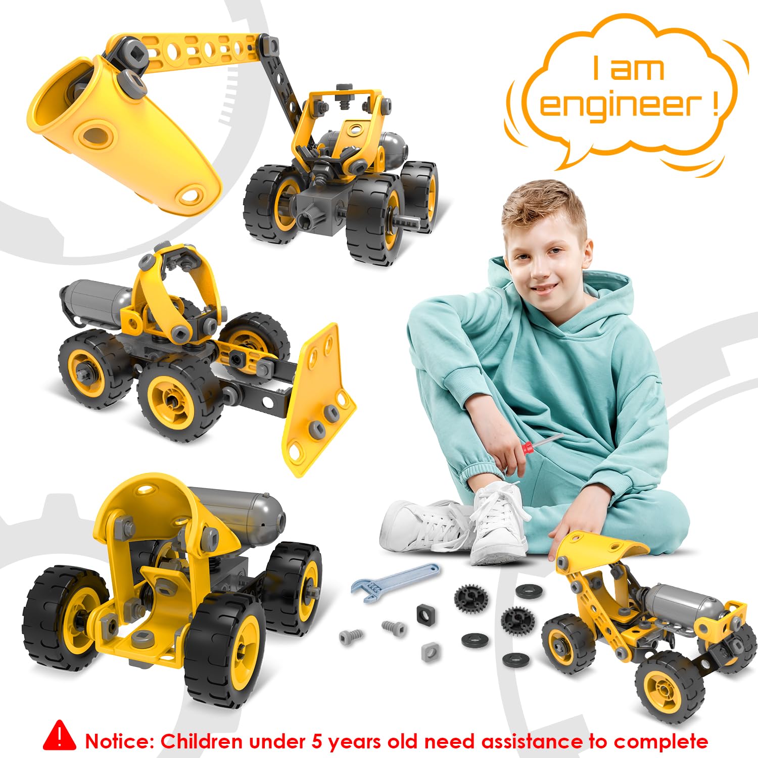 10 in 1 Kids STEM Building Toys, Electric Building Blocks Toys Set for 5 6 7 8+ Year Old Boy, Educational STEM Learning Construction Excavator Kit