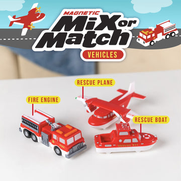 POPULAR PLAYTHINGS Magnetic Vehicles for Toddlers 1-3, Mix or Match Car Toys, Set of 3 Gift for Kids - Vehicles, Fire & Rescue, Red and White