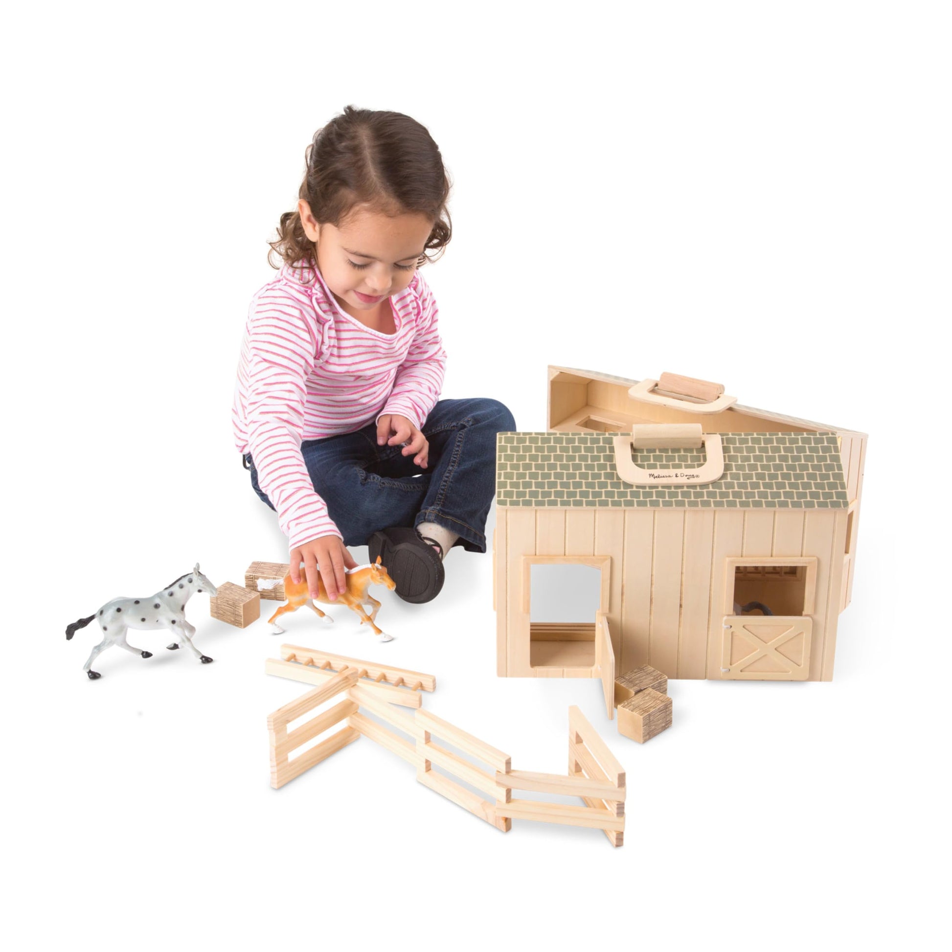 Melissa & Doug Fold and Go Wooden Horse Stable Dollhouse with Handle and Toy Horses (11 pcs)