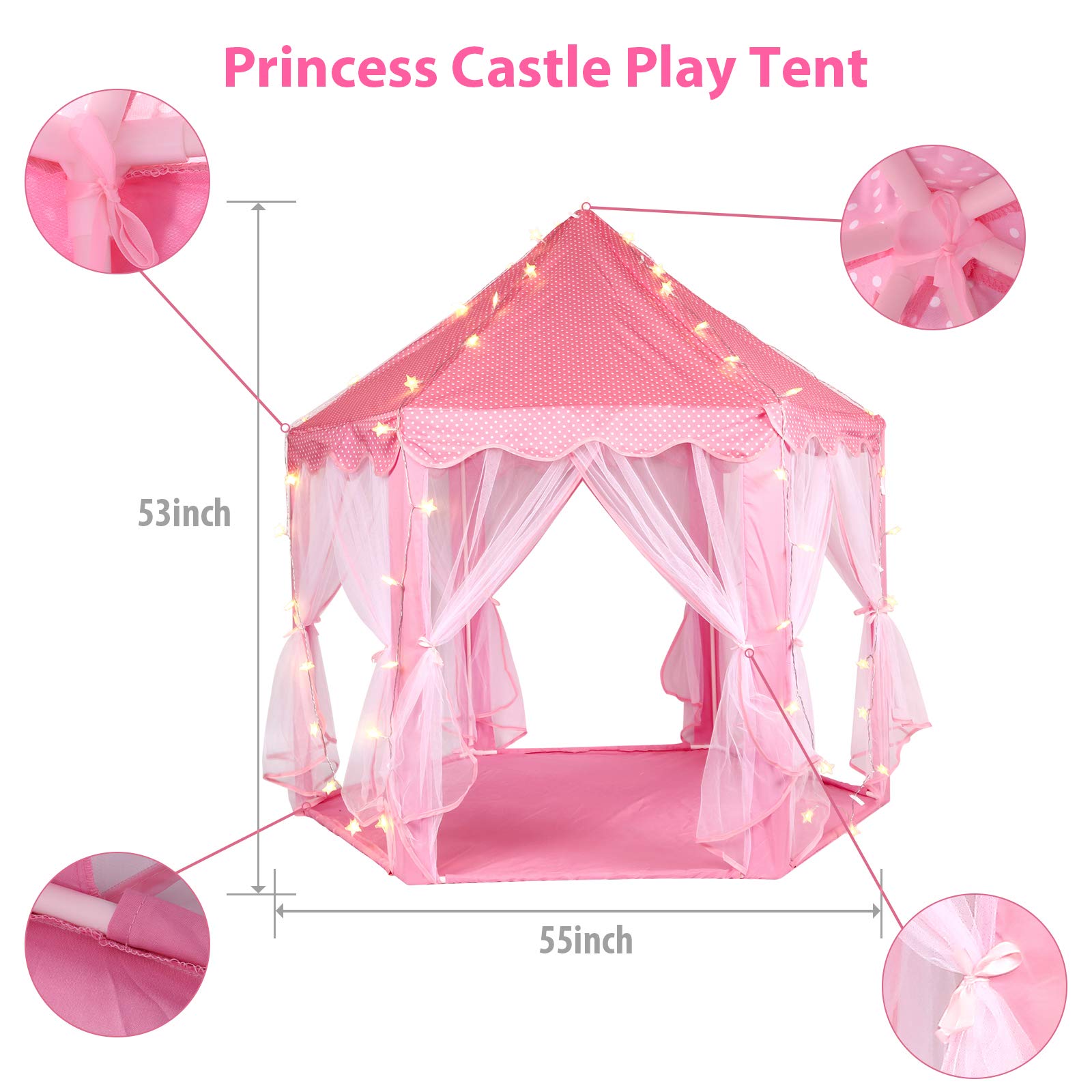 Volscity Princess Tent with LED Star Lights,Kids Castle Play Tent for Girls,Large Playhouse Girl Toy Gifts Age 3+,Indoor and Outdoor Games 55.5"x