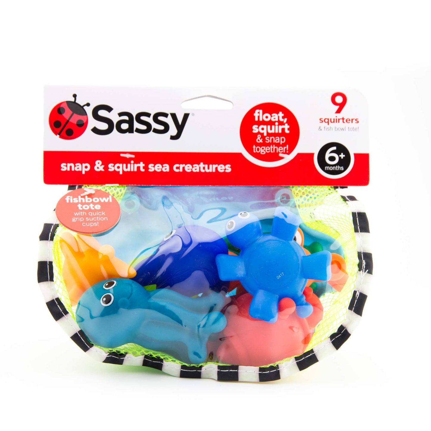 Sassy Snap and Squirt Sea Creatures - 6+ Months Set of 9 Sea Characters Includes Storage Bag with Two Large Suction Cups