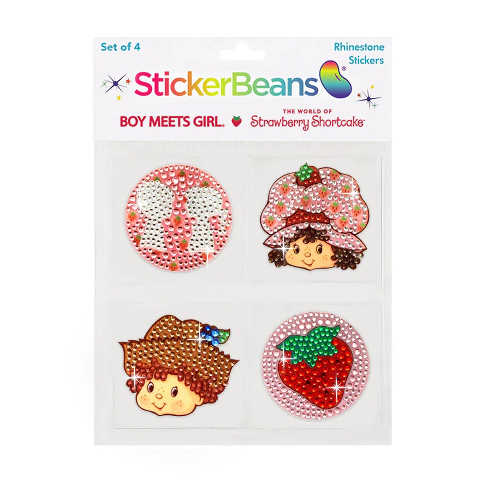 StickerBeans® Rhinestone Stickers BOY Meets Girl® x Strawberry Shortcake® 4-Pack, 2” x 2” Sparkly Cut-to-Shape Adhesive for Collecting, Trading